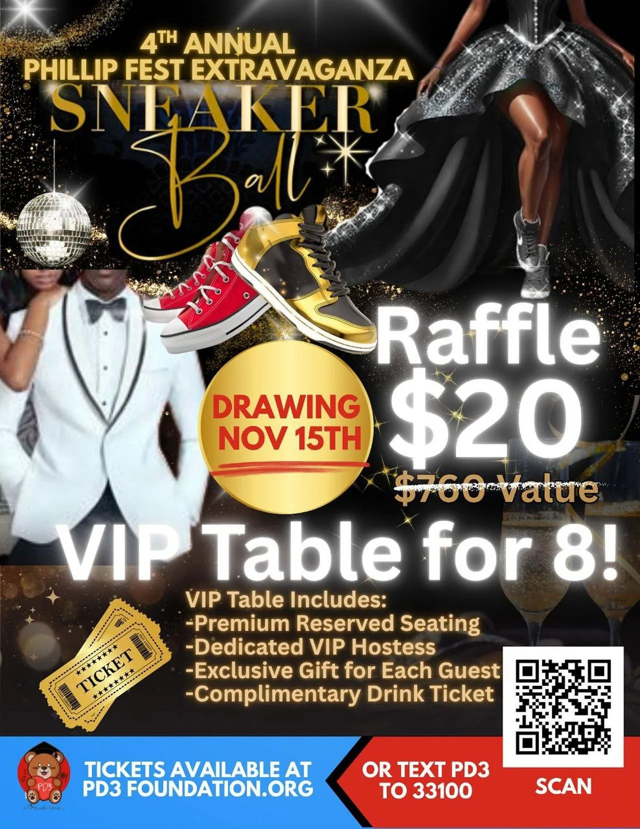 The 4th Annual PhillipFest Extravaganza: Sneaker Ball Edition is less than a month away⭐️👟

Get your tickets now and join us on December 6th for the PD3 Foundation&rsquo;s biggest fundraising night of the year; know you&rsquo;re making a difference 