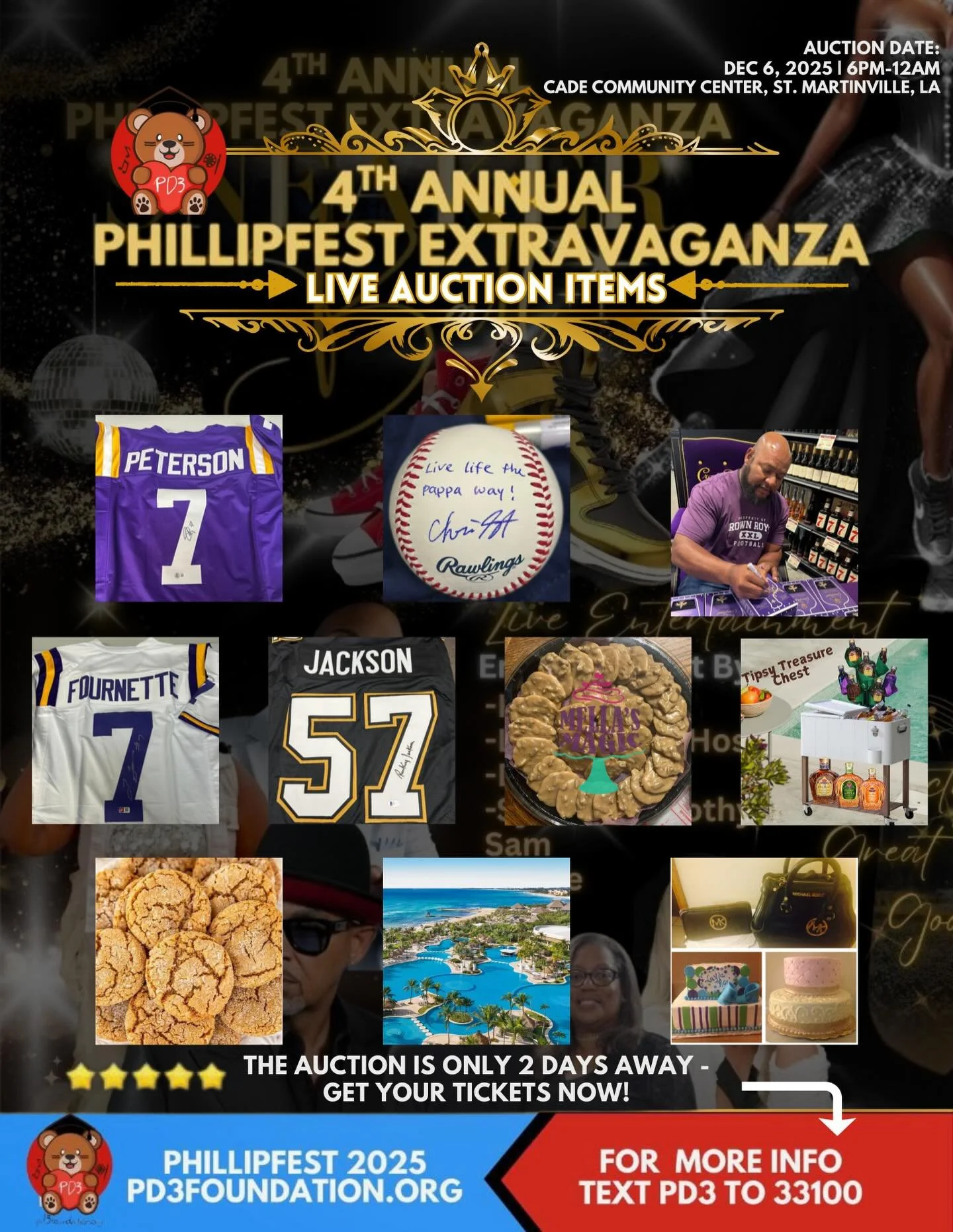 🗣️Summoning all enjoyers of signed memorabilia, international trips, &amp; sweet treats🐯✈️🍰

The PD3 Foundation&rsquo;s 4th Annual PhillipFest Extravaganza &amp; Live Auction is only two days away!🤩Scroll for a look at this year&rsquo;s live auct