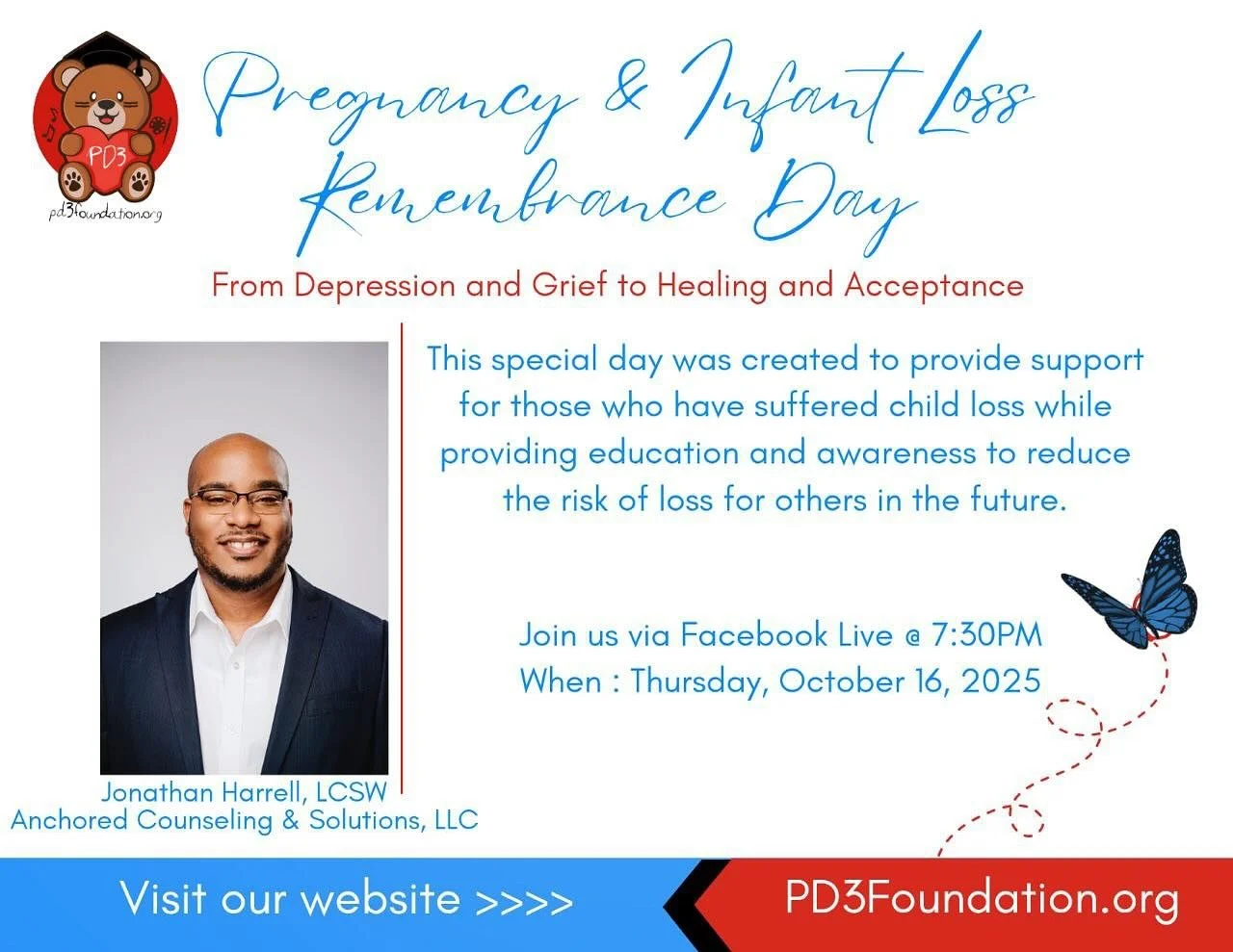 In honor of Pregnancy &amp; Infant Loss Remembrance Day, join us this Thursday for a live conversation about healing, acceptance, and prevention with Licensed Counselor Jonathan Harrell🕊️🦋🧸