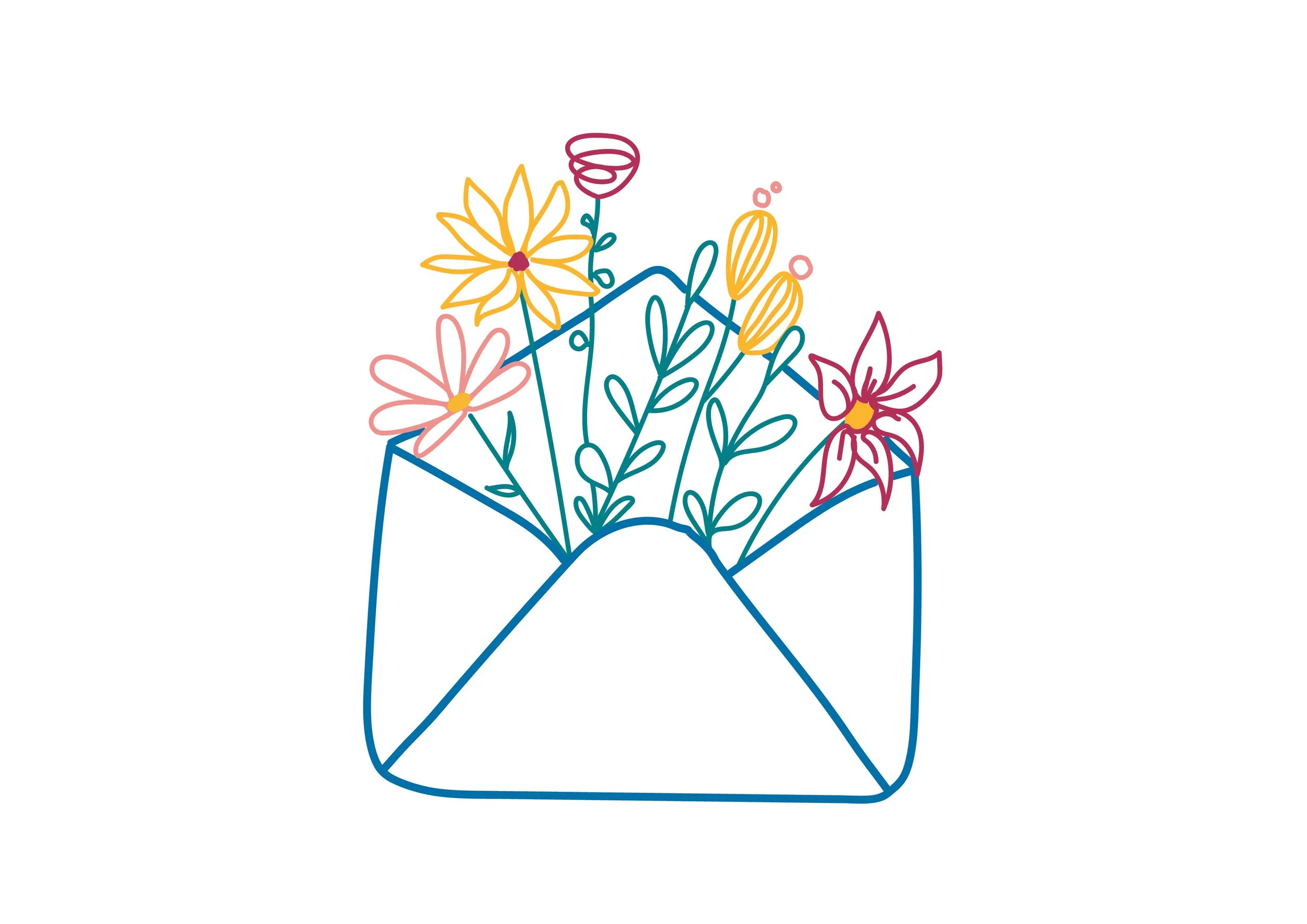 A colorful line drawing of flowers blooming out of an open envelope