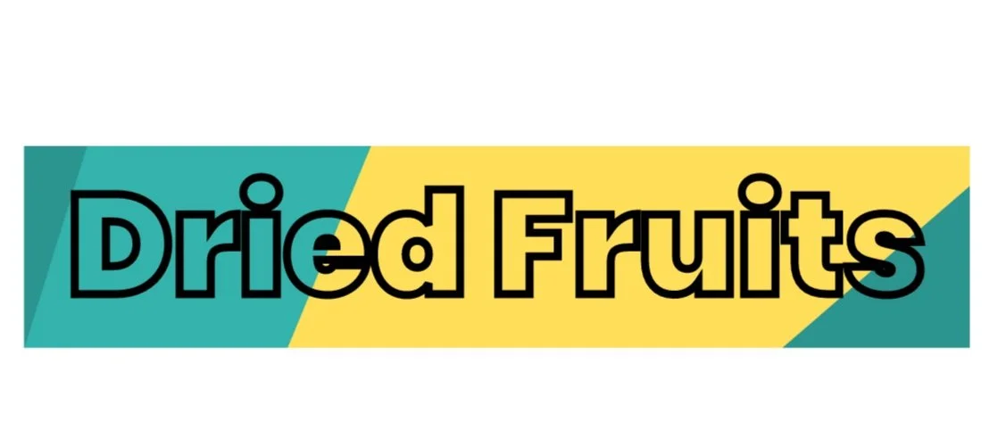 Horizontal sign with colorful geometric background and the text 'Dried Fruits' in bold black font.