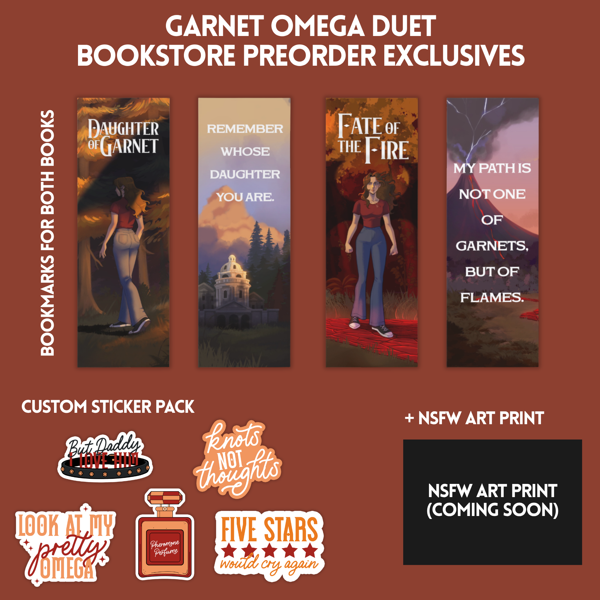 Collection of stickers and artwork promoting books and fandoms, including titles like 'Daughter of Garnet,' 'Remember Whose Daughter You Are,' 'Fate of the Fire,' and 'My Path Is Not One of Garnets, but of Flames,' along with stickers for love and heart-themed designs, perfume, five stars rating, and upcoming NSFW art print.