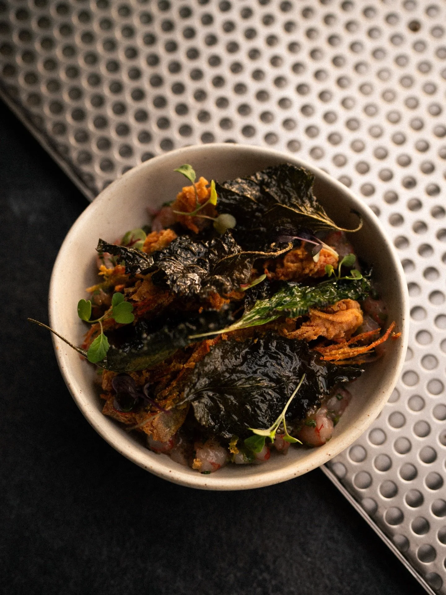 Fresh from our new menu / 
tartare di gambero rosso, pancia croccante, lime spicy e shiso