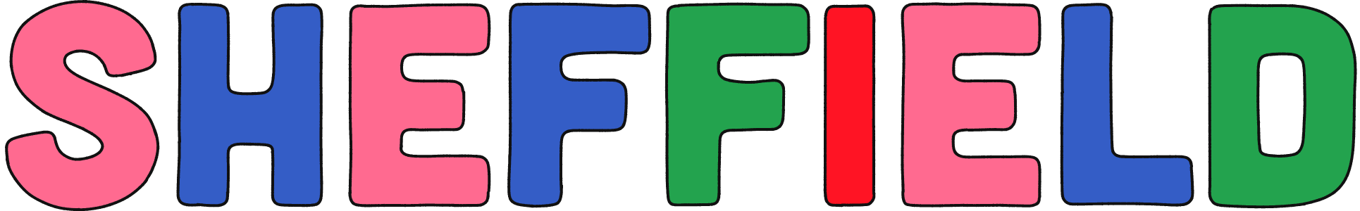 Colorful text spelling 'SHEFFIELD' with each letter in different colors including pink, blue, red, and green.