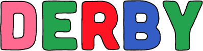 Colorful letters spelling 'DERBY' on a white background.