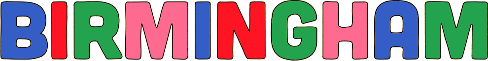 Colorful text spelling 'BIRMINGHAM' in large block letters with each letter in different colors.