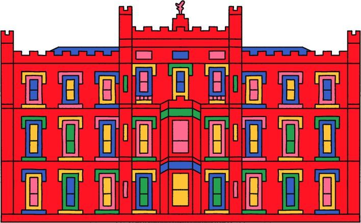 Colorful, stylized illustration of a red castle with blue, pink, yellow, green, and purple accents and a black background.