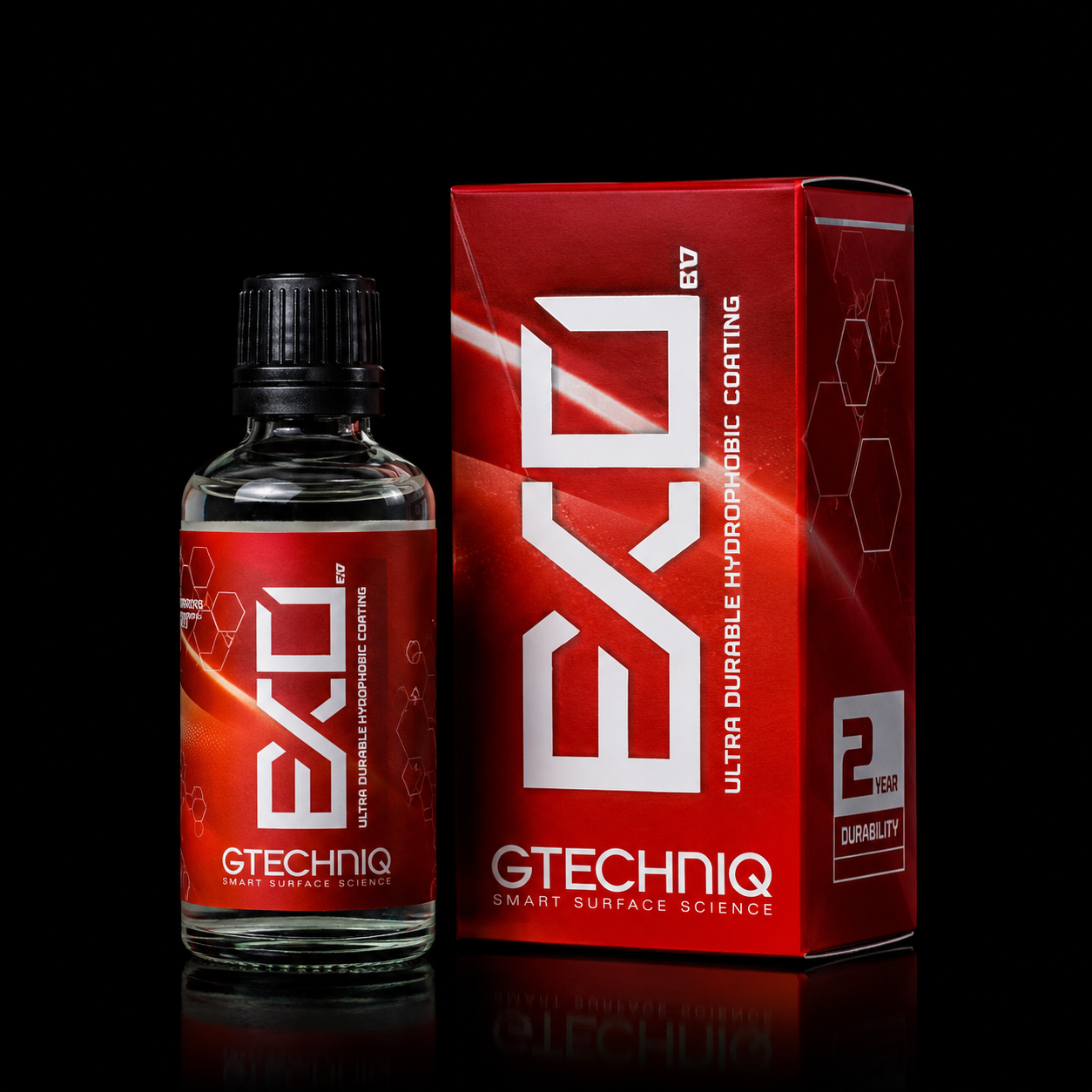 A bottle and box of GTECH IQ Ultra Hydrophobic Coating against a black background. The bottle has a black cap and red label with white text, and the box matches in color and design, indicating a 2-year durability.