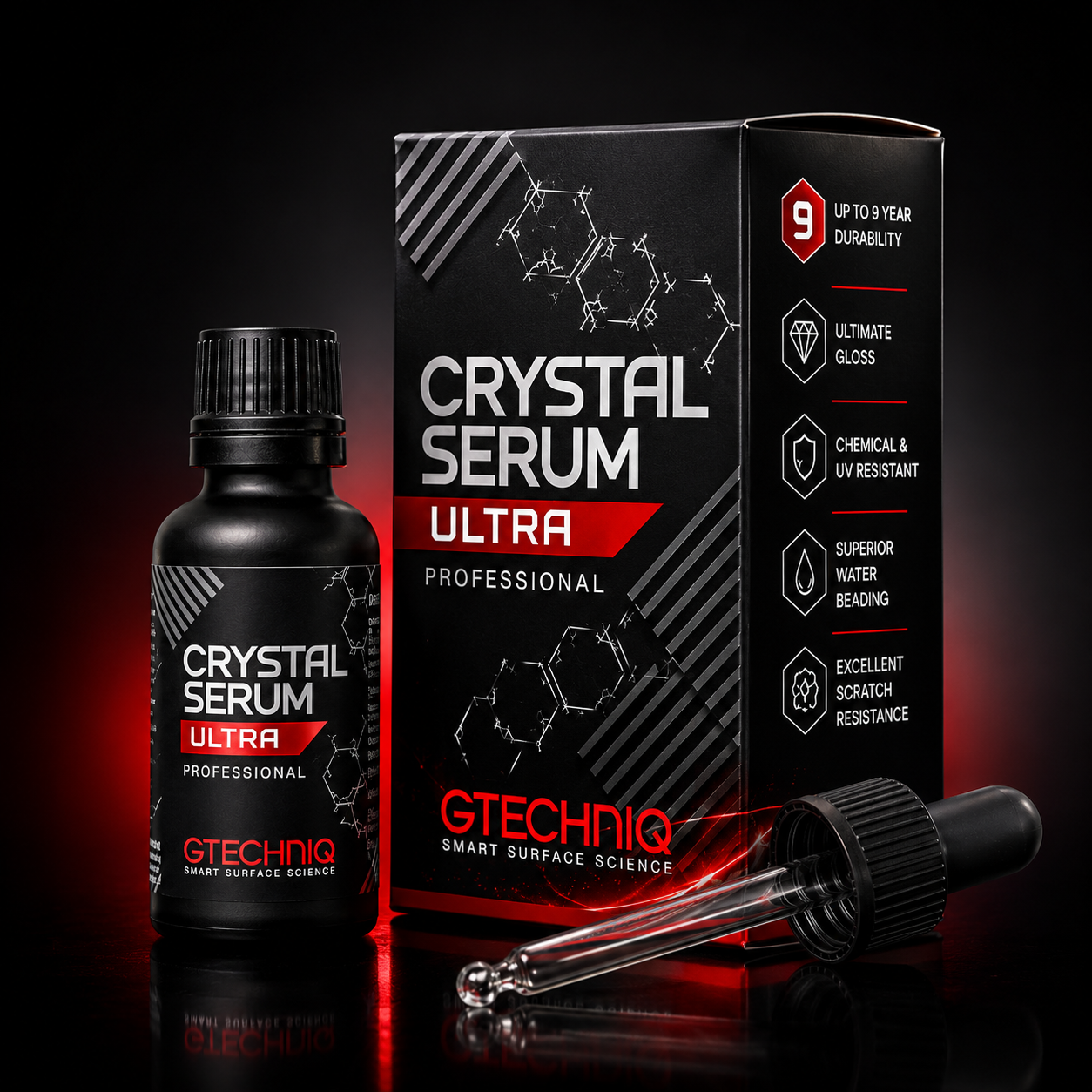 A black bottle and box of GTECHIQ Crystal Serum Ultra professional car coating, with a dropper in front against a black background with red lighting.