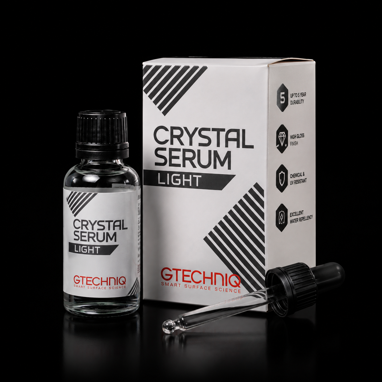 Bottle and box of Gtechniq Crystal Serum Light with a dropper placed on a black surface.