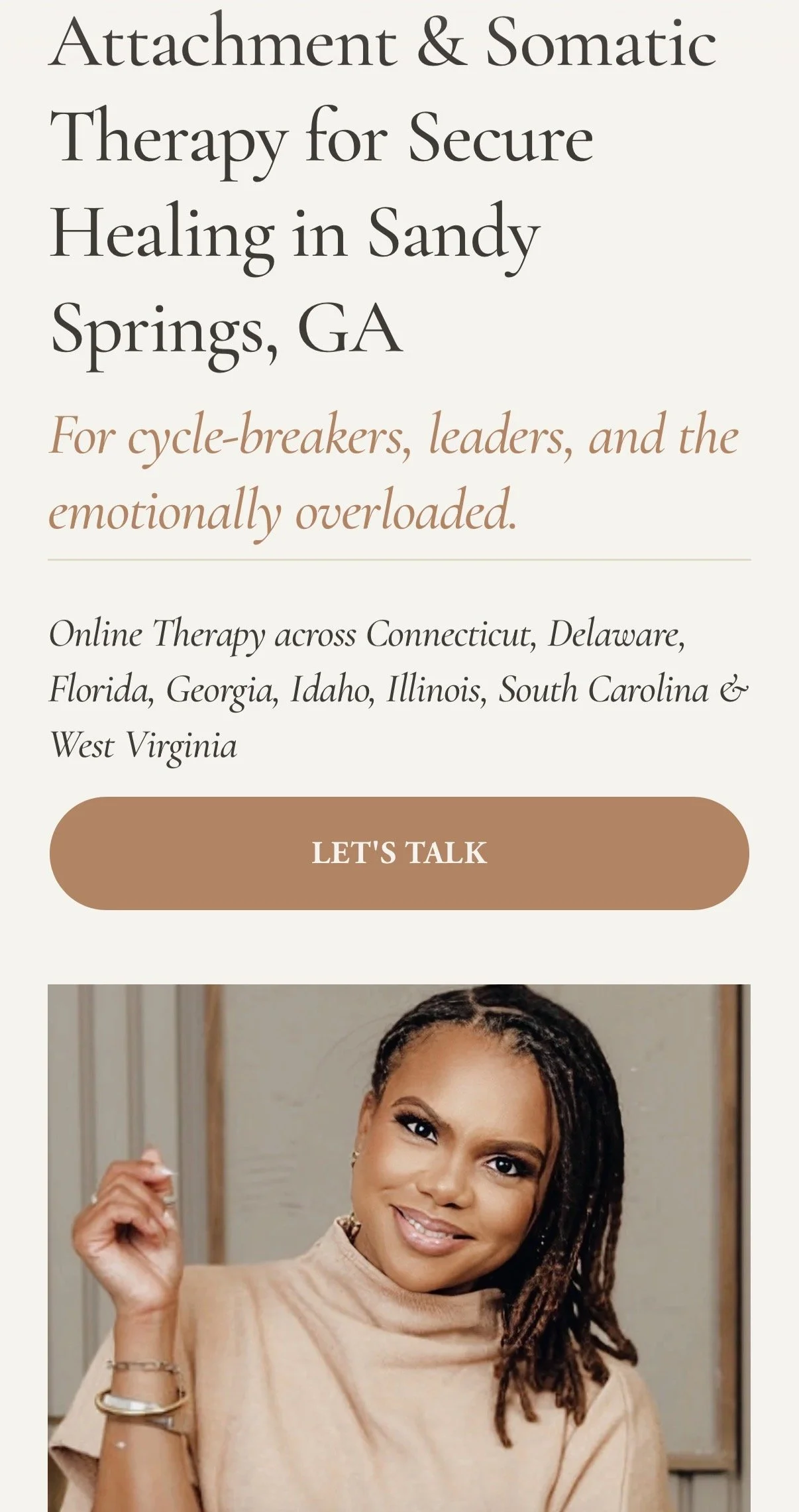 Homepage screenshot of a therapy practice for adults navigating anxiety, trauma recovery, and relationship patterns