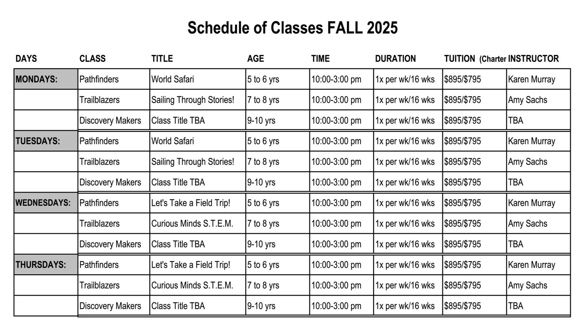 Schedule of classes for Fall 2025 listing days, class titles, age groups, times, durations, tuition costs, and instructors for each day from Monday to Thursday.