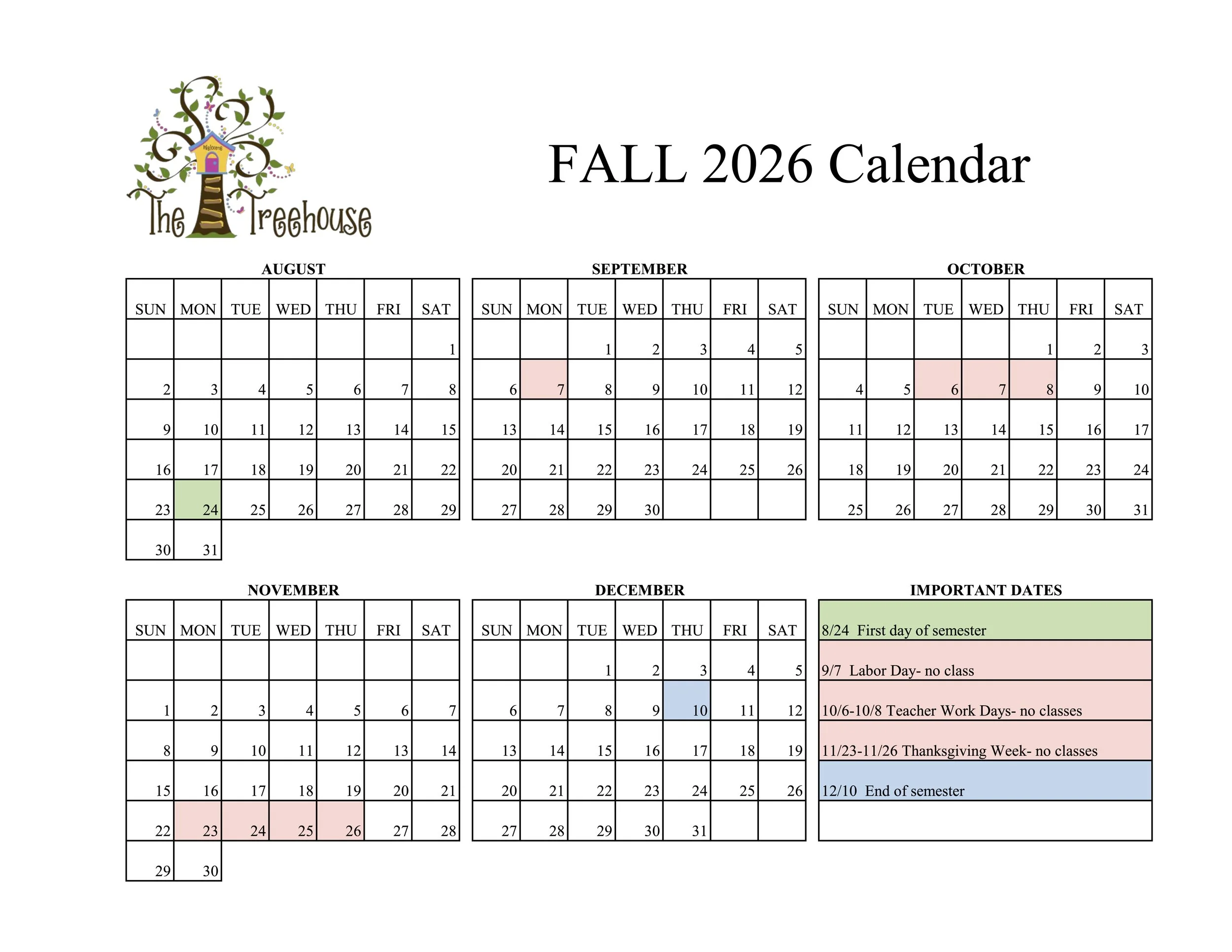 FALL 2026 Calendar — The Treehouse