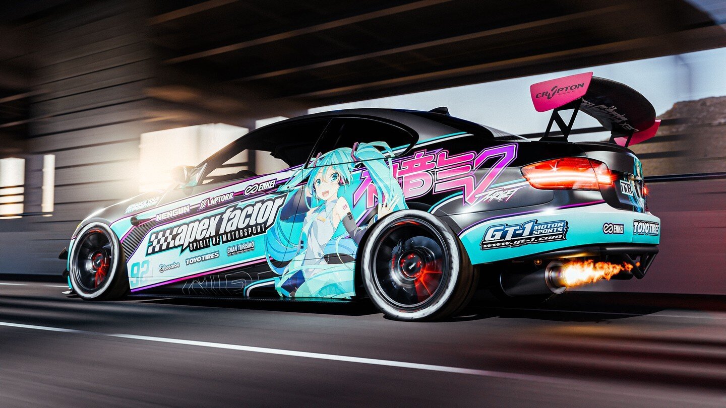 I wanted to try making a racing styled Itasha design, so here we are. I know Itasha designs are quite divisive though 😄

Bumper cut M3 E92 with a HKS single exit exhaust is probably not something everyone agrees on either, but I think it works well!