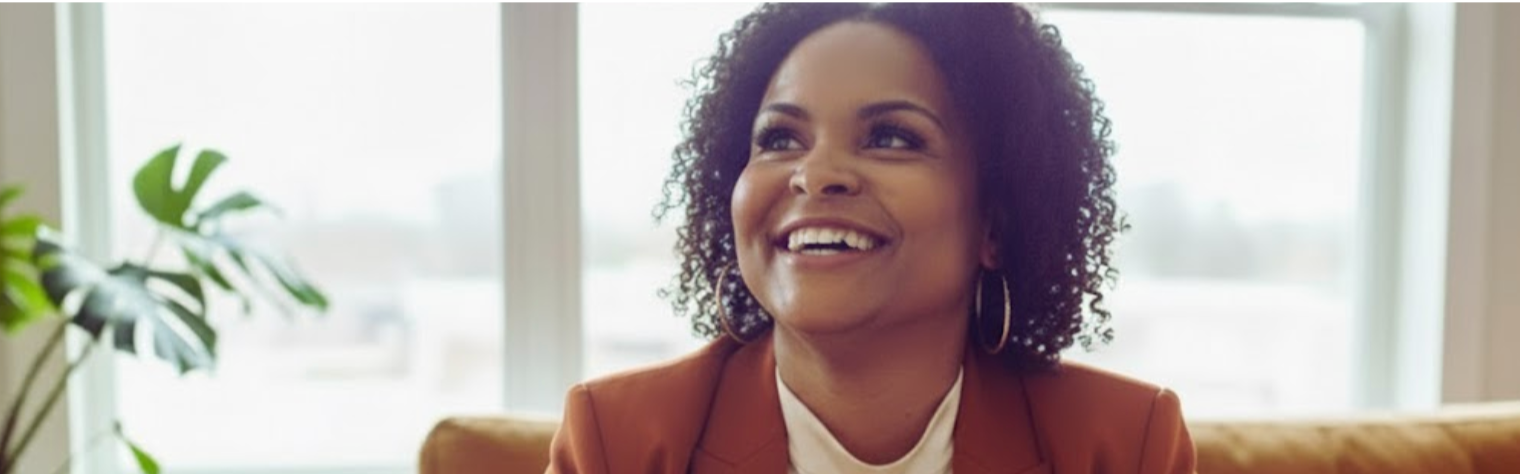 A woman smiling and sitting in an indoor setting near a window with a potted plant beside her.