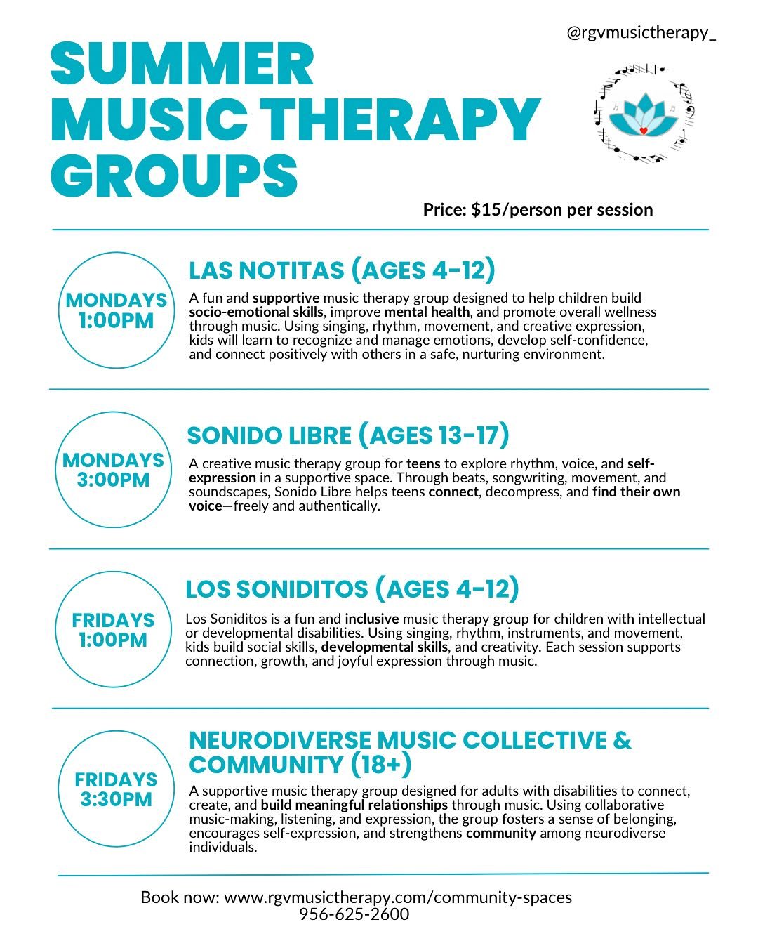 Our summer community music therapy groups are led by our team of board certified music therapists (MT-BCs) and will be available starting tomorrow (6/13) until the end of July! 🩵🎶🥁

Each group has a different therapeutic focus including building s