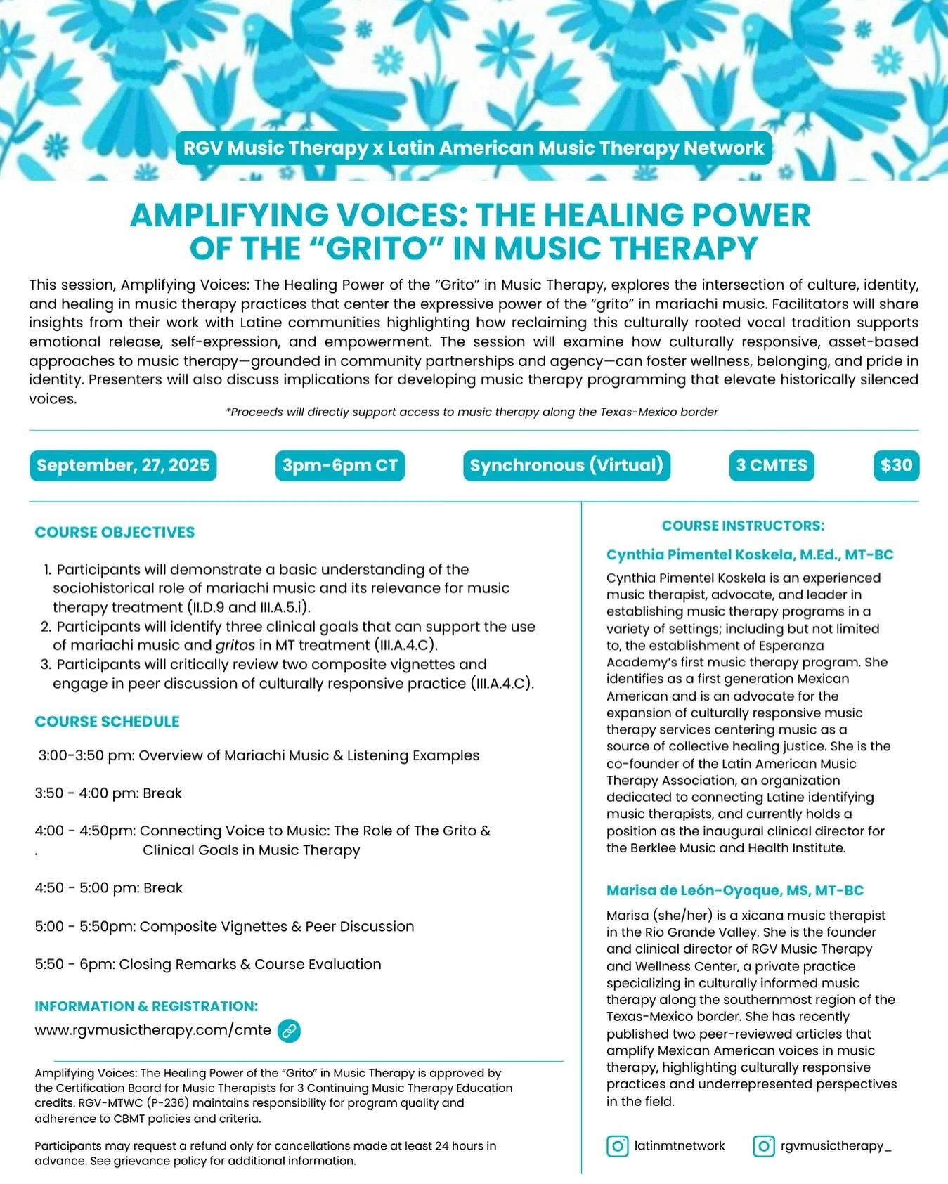 ⭐️CMTE Opportunity (3 Pre-Approved Credits)⭐️

This session, Amplifying Voices: The Healing Power of the &ldquo;Grito&rdquo; in Music Therapy, explores the intersection of culture, identity, and healing in music therapy practices that center the expr