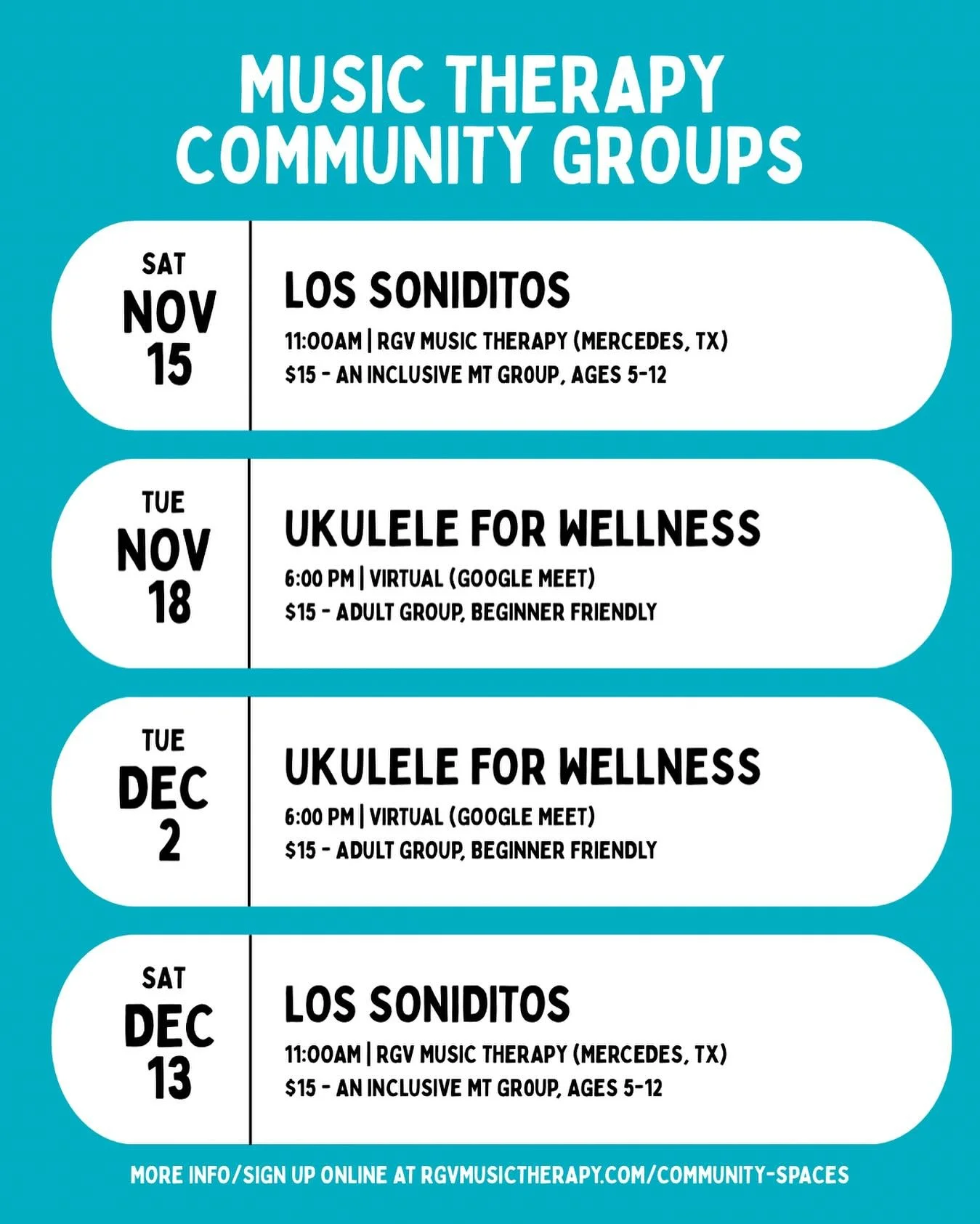 Join the rhythm of our community spaces! 🎶

We&rsquo;re hosting music therapy groups over the next few weeks for all ages and abilities. Visit rgvmusictherapy.com/community-spaces (link in bio) to sign up ✨

About: 

🪇Los Soniditos is a fun and inc