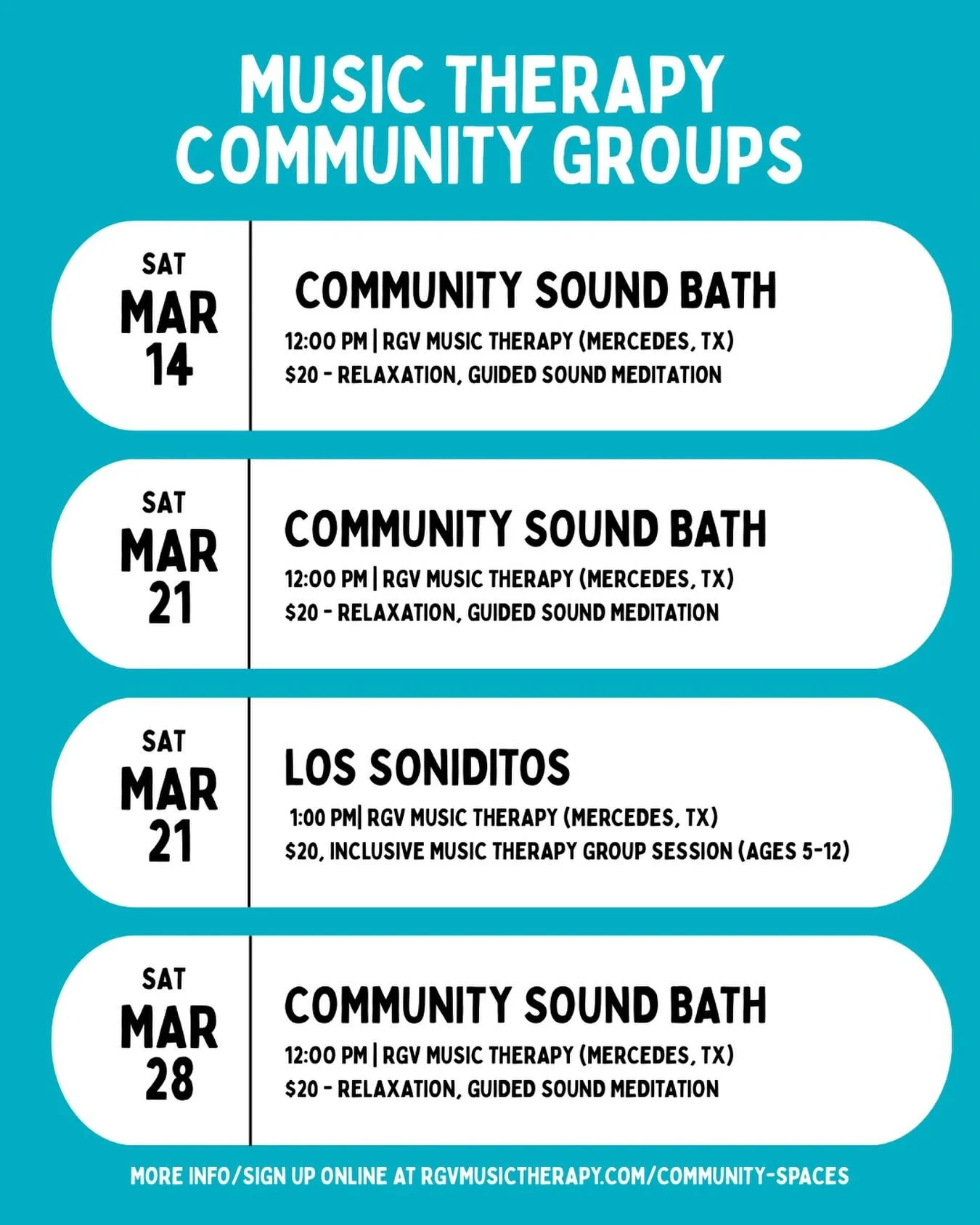 We&rsquo;re so excited to start hosting community events again here in the RGV ✨

Visit rgvmusictherapy.com/community-spaces (link in bio) to sign up! 

More events coming soon 🎶

#rgv #rgv956 #rgvlife