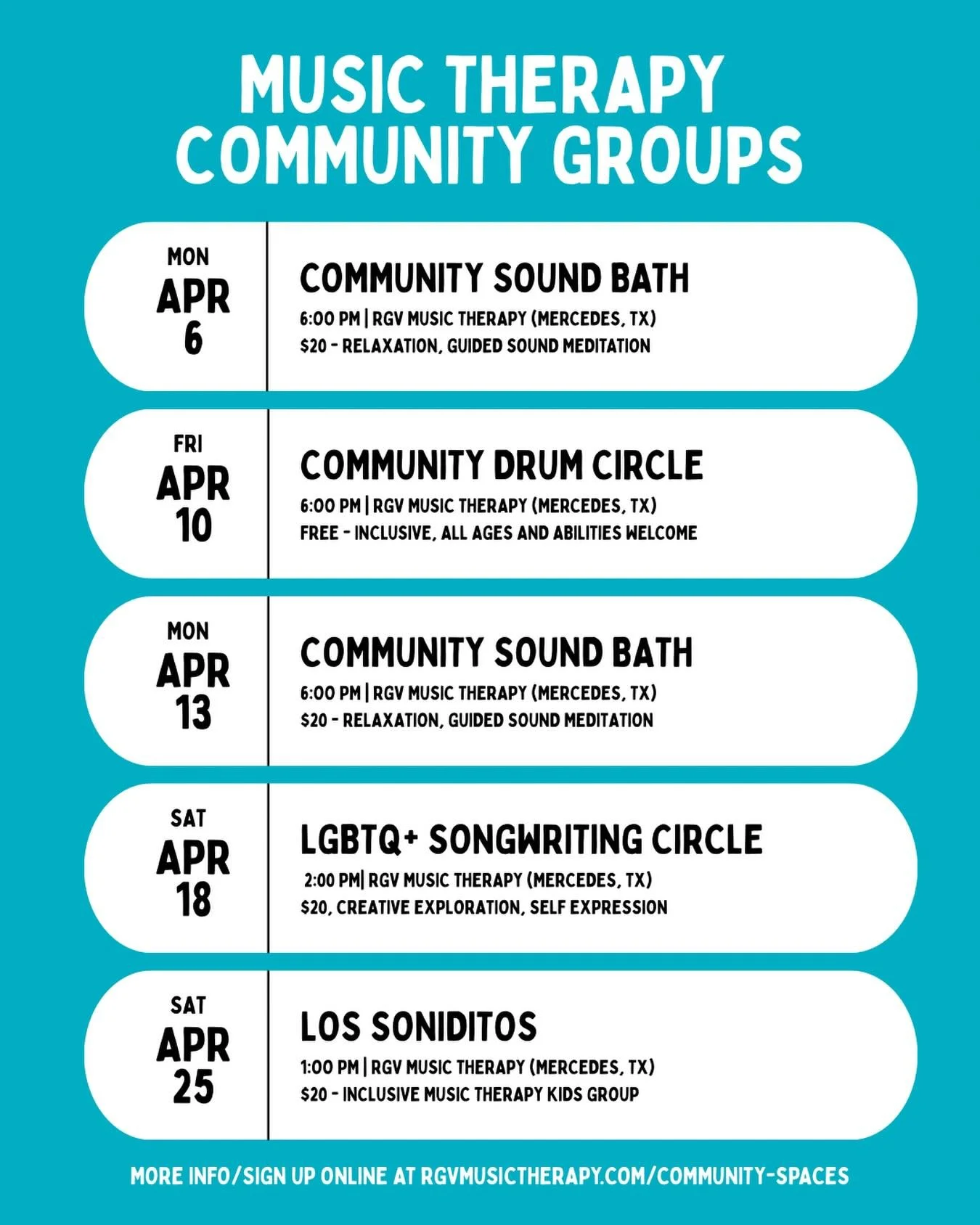 We&rsquo;re excited to host a series of community events throughout the month right here in the RGV 🌴

Hope to see you there! 🎶

Visit rgvmusictherapy.com/community-spaces to sign up (link in bio)

#rgv #956 #musictherapy #musictherapist #rgvlife