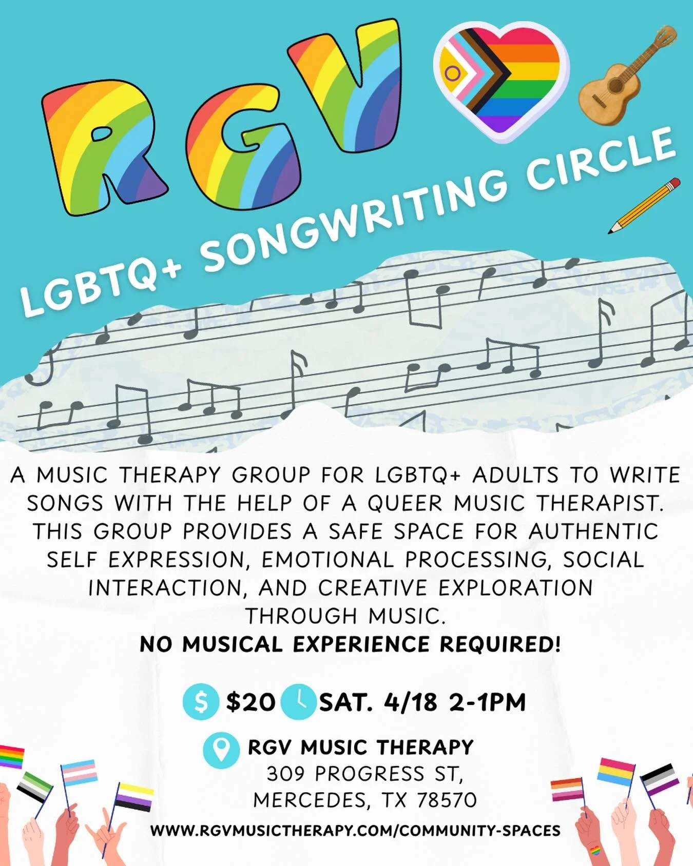 Join us this Saturday for a LGBTQ+ Songwriting Circle 📝🎶

This group is part of our &lsquo;Community Spaces&rsquo; series. It&rsquo;s a music therapy group for LGBTQIA2S+ adults to write songs with the help of a queer Music Therapist 🏳️&zwj;🌈

Th