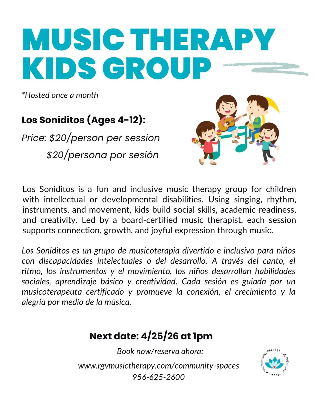 🎶 Kids Music Therapy Group 🎶

Join us this weekend for a fun, inclusive music therapy group where kids can explore music, movement, and creativity in a supportive space. Our group is adaptive and welcoming for children of all abilities, including k