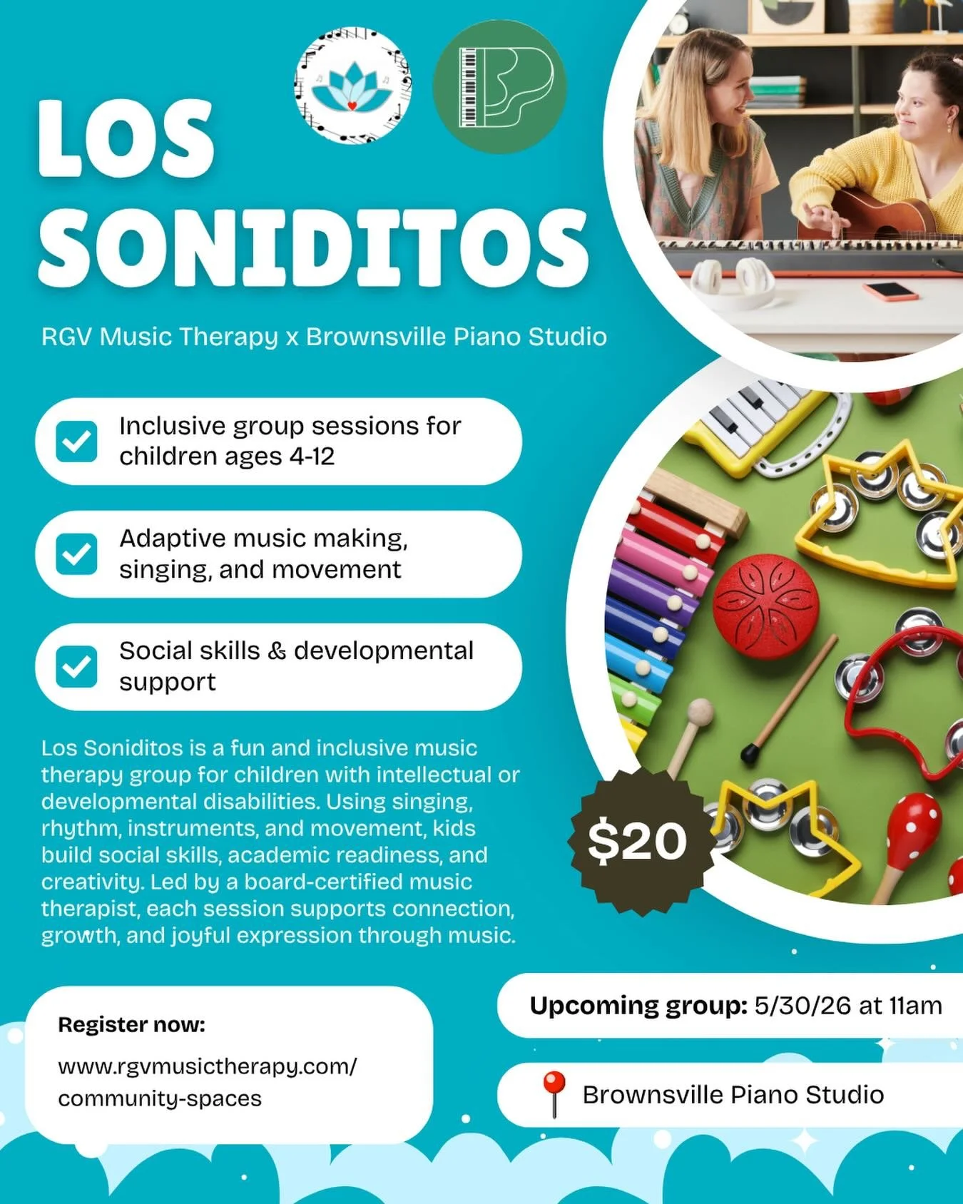 Join us for Los Soniditos, an inclusive and engaging pop-up music therapy group hosted by RGV Music Therapy at Brownsville Piano Studio! 🎹🥁🎤

Come explore music, movement, rhythm, and connection in a sensory friendly and supportive setting 🩵

📍 