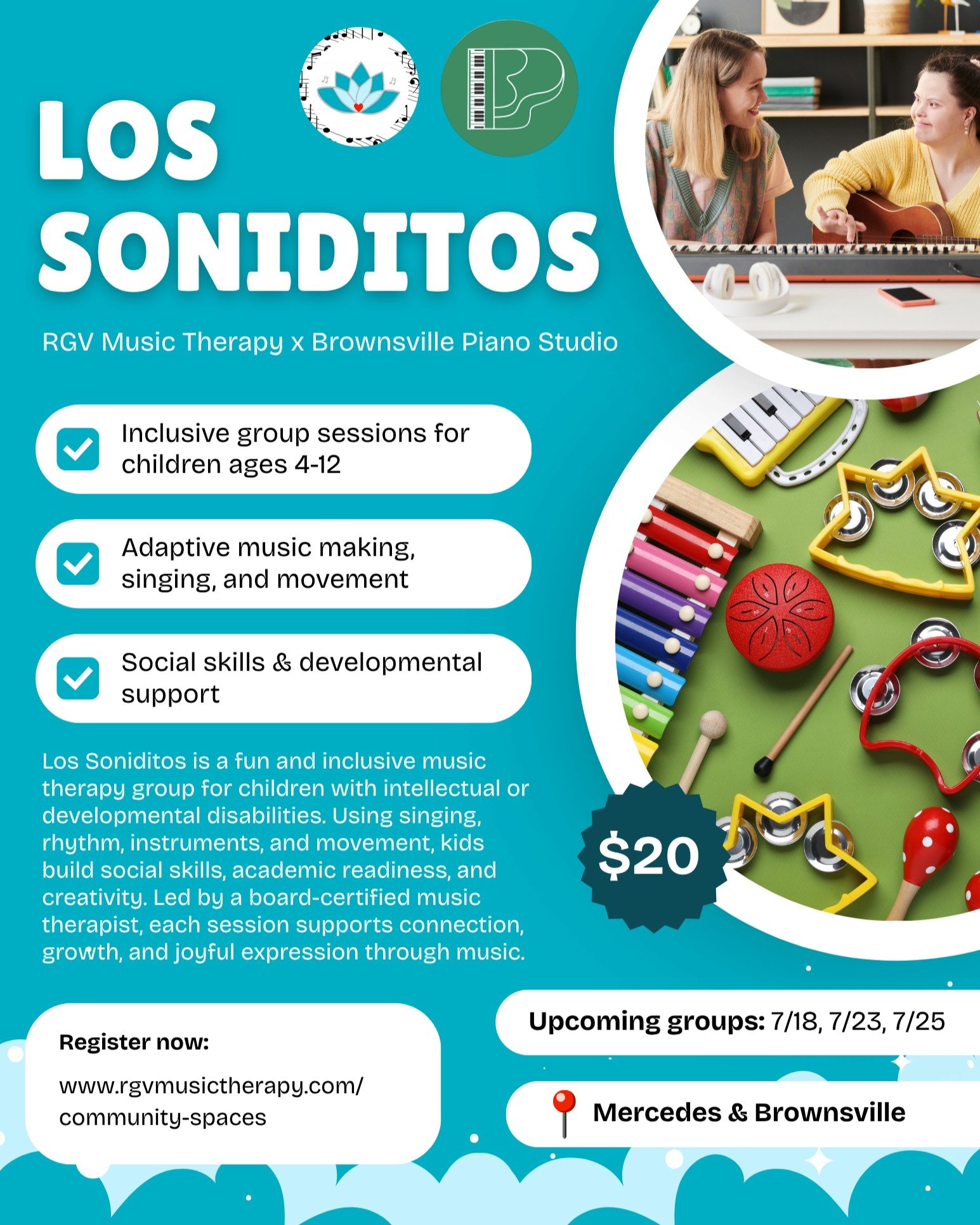 Join us for Los Soniditos, an inclusive and engaging music therapy group hosted by RGV Music Therapy in Mercedes and at Brownsville Piano Studio!
Come explore music, movement, rhythm, and connection in a sensory friendly and supportive setting!🥁🎶🩵