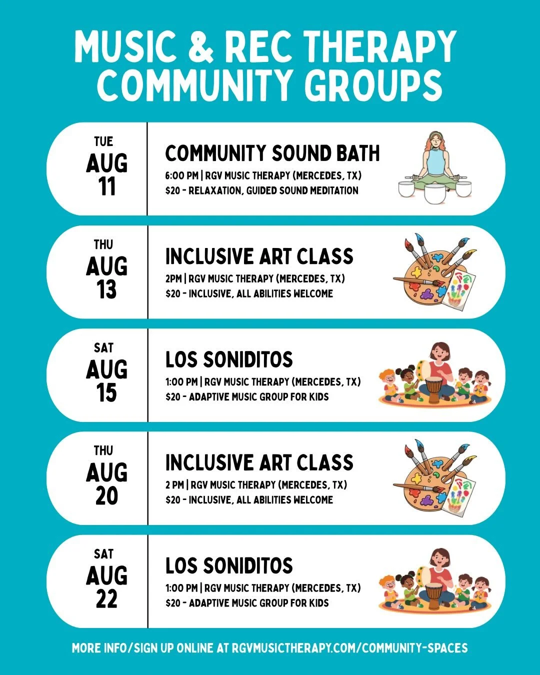 Our August community groups are here! ✨🎶

We&rsquo;re excited to share our August schedule of music therapy and recreational therapy community groups! Join us for inclusive, creative, and connection-centered experiences led by board-certified music 