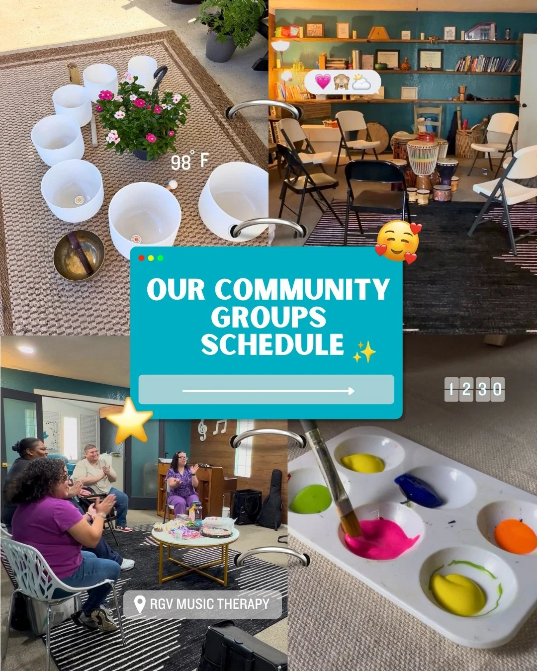 Nourish your mind, body, and spirit this month with our community wellness schedule at RGV Music Therapy! 🎶✨

Here is what we have lined up for you:

🎶Sound Bath: Tuesdays from 6:00 PM &ndash; 7:00 PM ($20)

🎨Inclusive Art Class: Thursdays from 2: