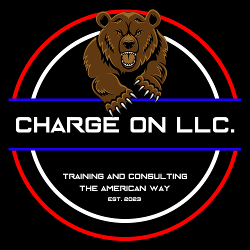 Logo for Charge On LLC featuring a brown bear with claws extended, surrounded by red, white, and blue circular lines, with text referencing training and consulting, established 2023.
