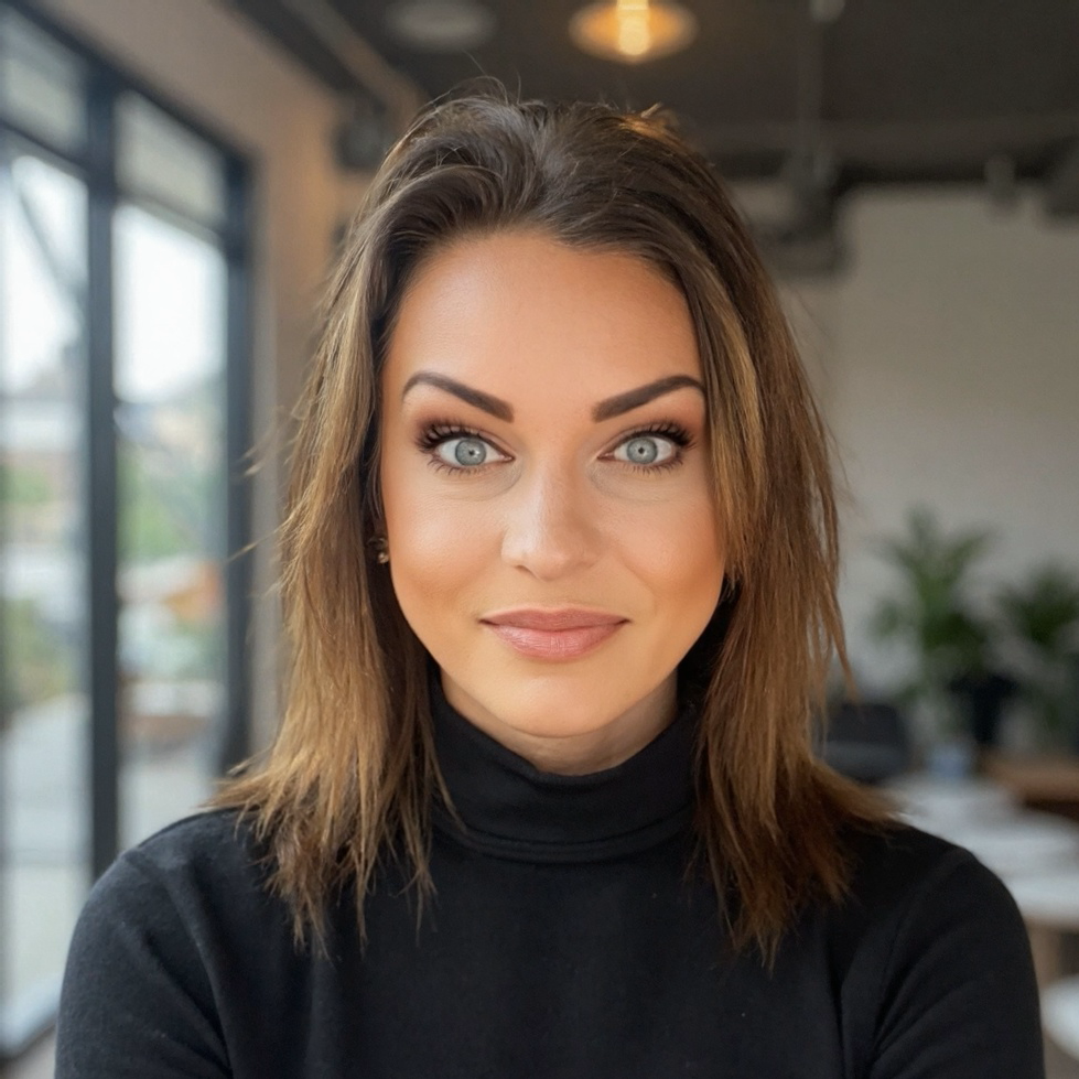 A woman with shoulder-length brown hair, blue eyes, wearing makeup and a black turtleneck, inside a modern room with large windows and potted plants in the background.