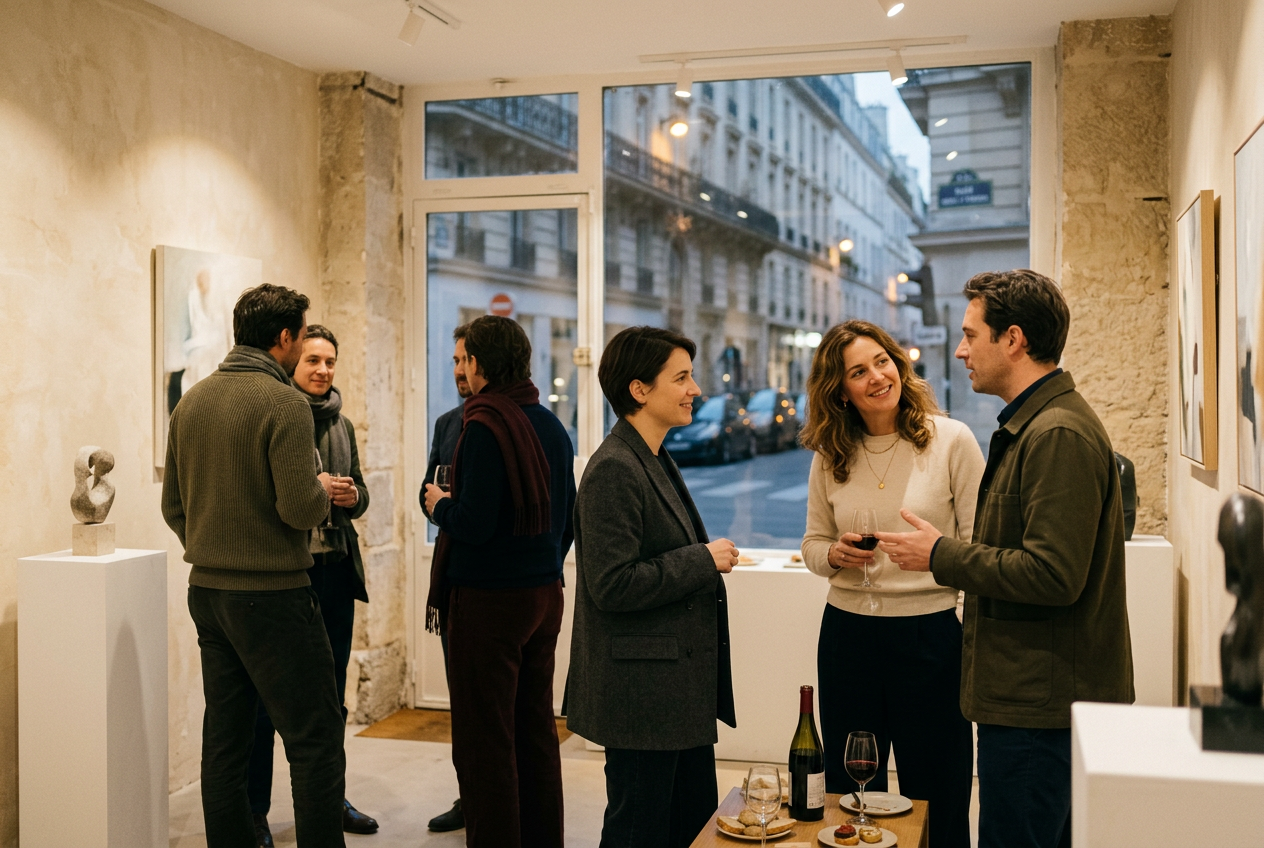 Groupe de personnes discutant dans une galerie d'art avec œuvres exposées aux murs, une bouteille de vin et des verres sur la table.