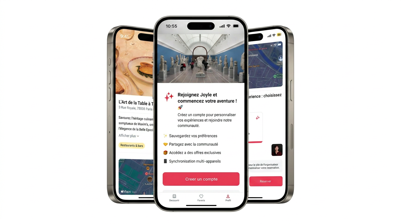 Trois smartphones affichant une application de navigation, de réservation de restaurant et de création de compte, avec des détails en français.