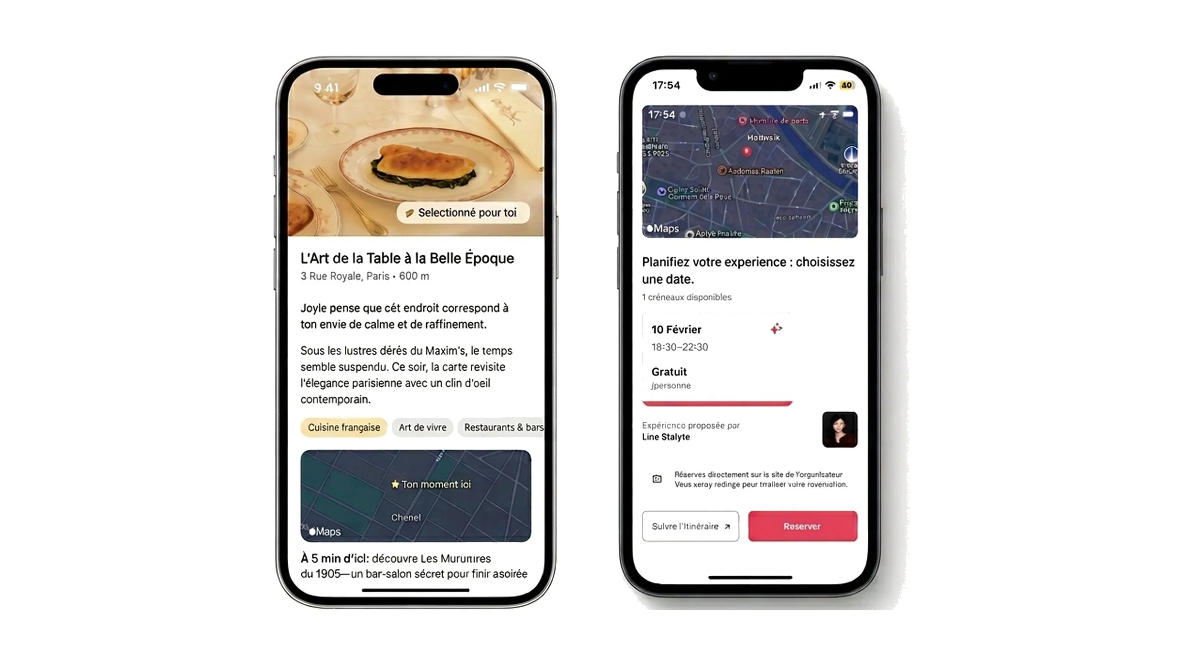 Deux téléphones affichant une application de planification d'événements et de recommandations de restaurants à Paris.