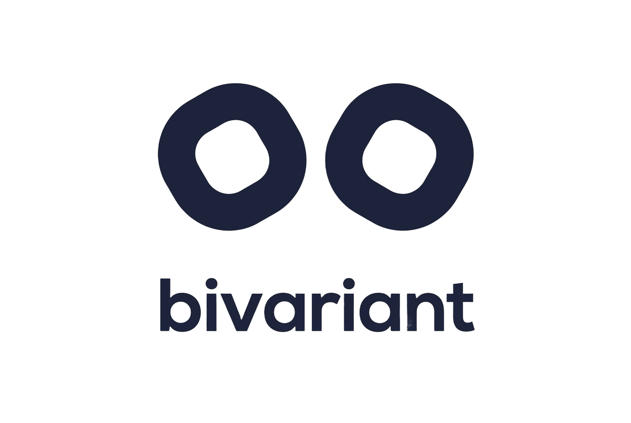 Logo contenant deux formes circulaires avec des trous au centre, accompagnée du mot 'bivariant' en dessous.