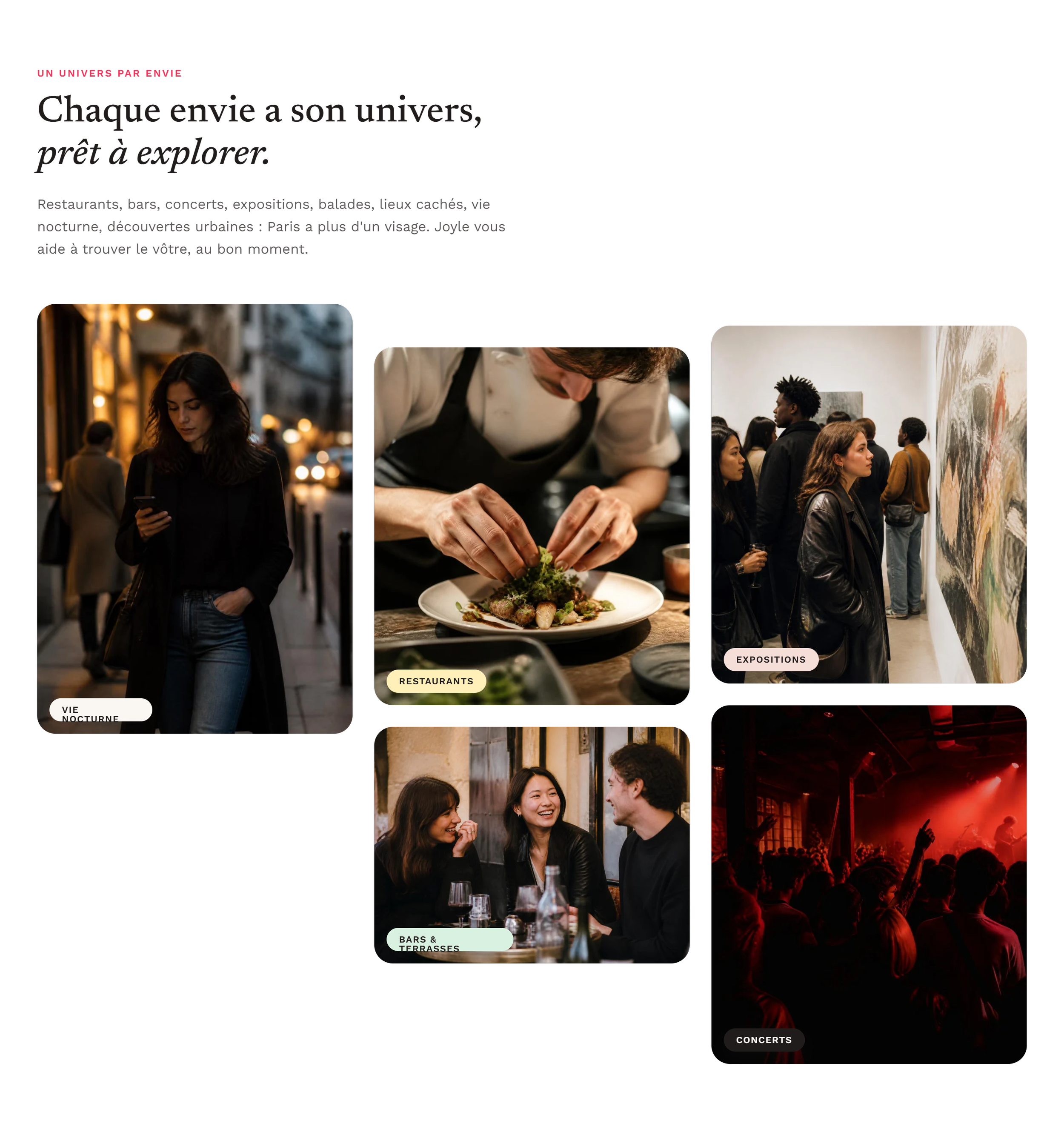 Une galerie d'événements culturels avec des sections pour vie nocturne, restaurants, expositions, bars et terrasses, et concerts montrant des jeunes femmes et hommes discutant, mangeant, appréciant la musique en intérieur et en extérieur.