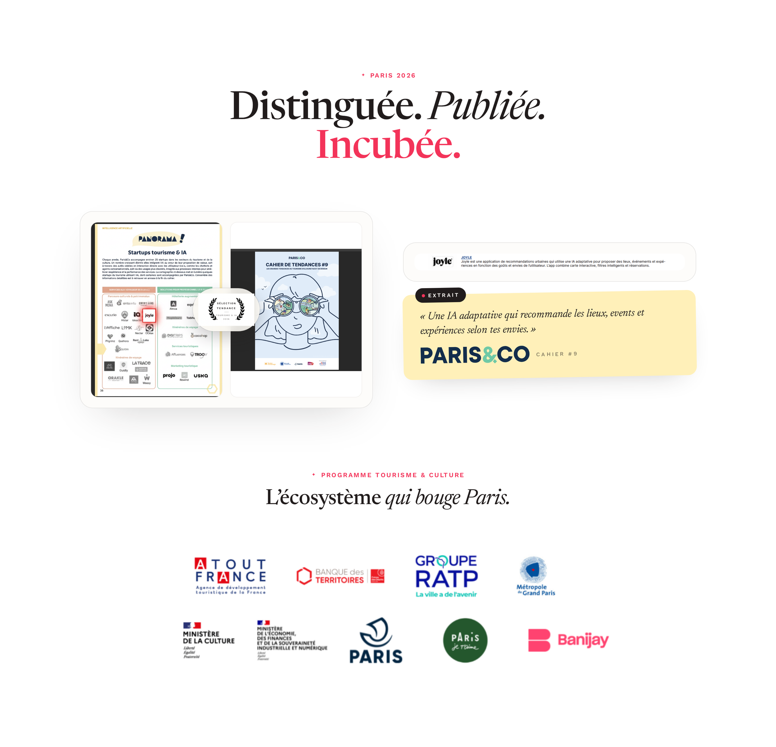 Page présentant un écosystème qui bouge à Paris avec plusieurs logos d'institutions et de programmes liés au tourisme, à la culture, à l'économie, aux finances et à la ville intelligente.