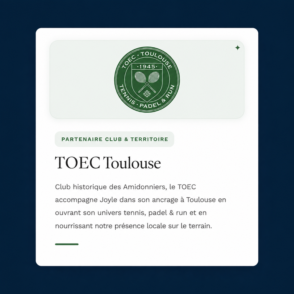 Logo du club de tennis, paddle et course à Toulouse. Description du club historique des Amidonniers, le TOEC, avec un texte expliquant son rôle dans le sport local.