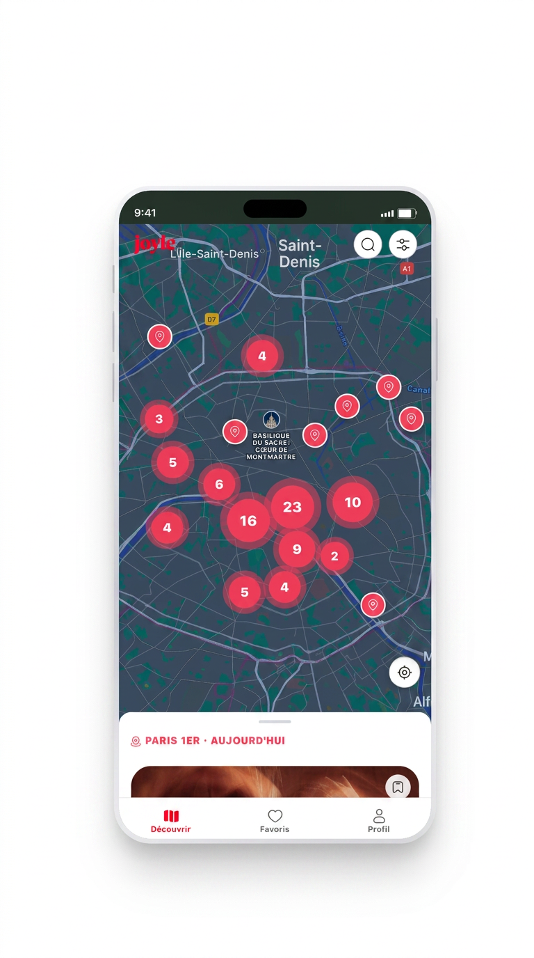 Carte de Joyle affichant des expériences autour de Paris sur un téléphone. Visuel Joyle.
