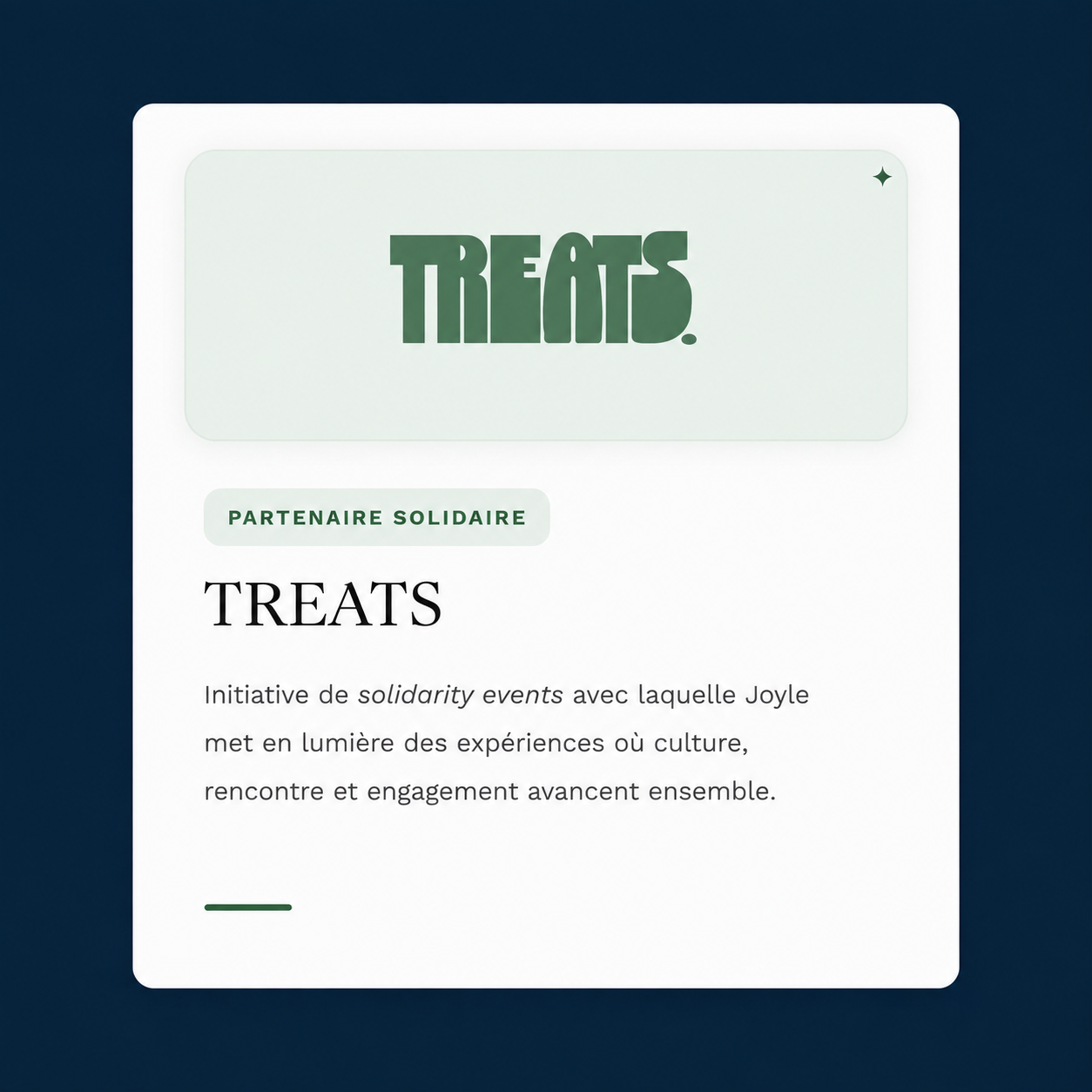 Une affiche annonçant une initiative nommée "TREAT" par un partenaire solidaire, mettant en avant des rencontres culturelles et des événements de solidarité.