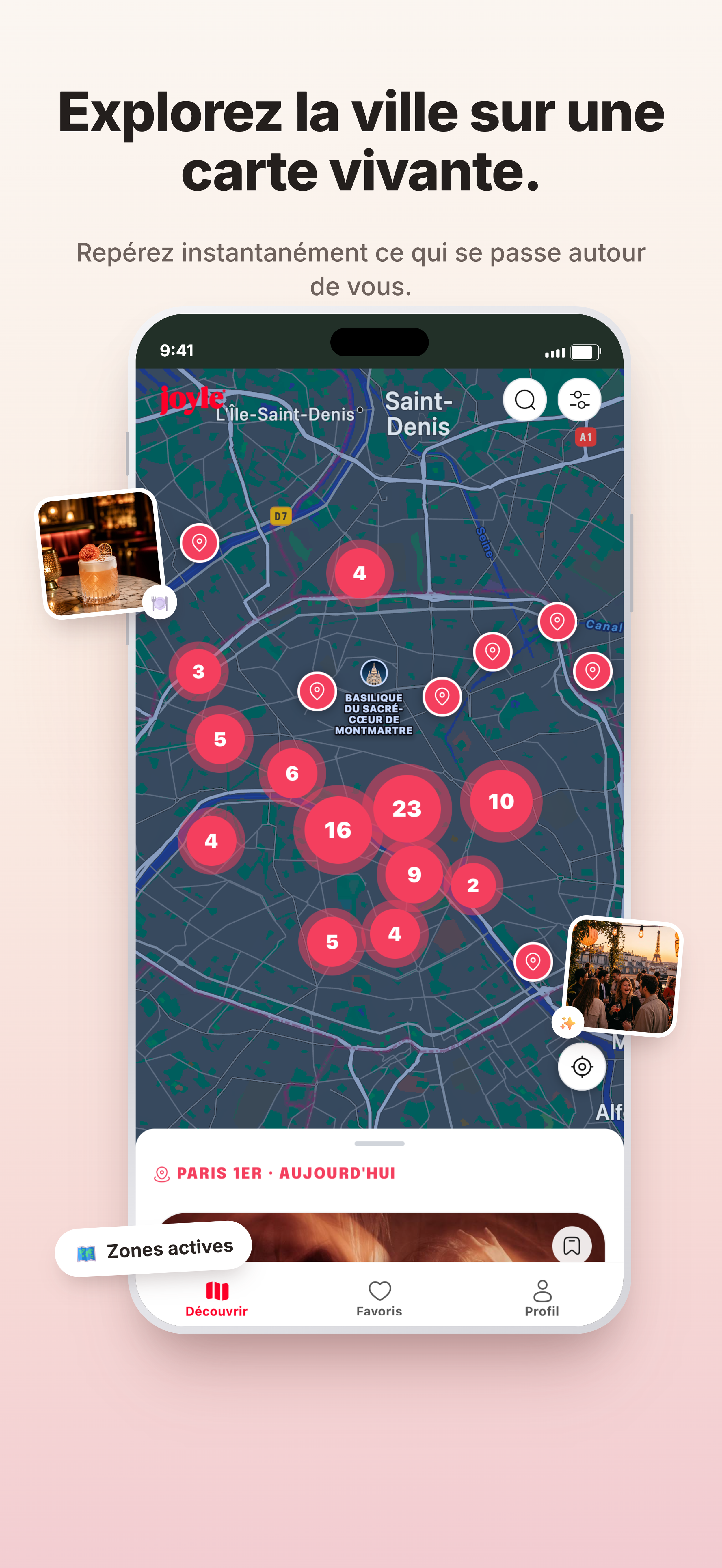 Capture d'écran d'une application de carte interactive montrant Paris, avec des points d'intérêt en cercles rouges numérotés, une photo d'un cocktail à gauche et une photo de personnes au café à droite.