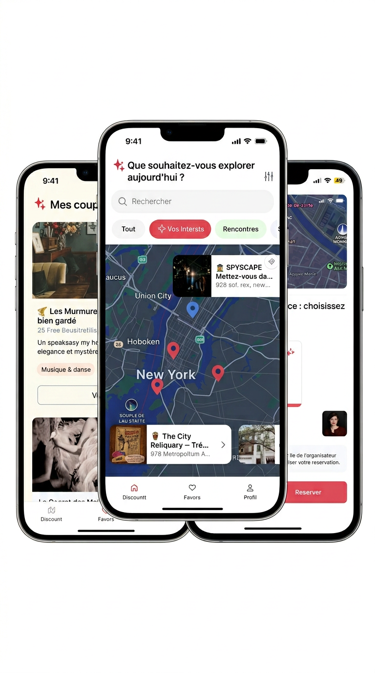 Capture d'écran de trois téléphones affichant une application de planification d'activités ou de sorties à New York, avec une carte, des options de recherche, des intérêts, des rencontres, et des recommandations d'endroits pour explorer la ville.