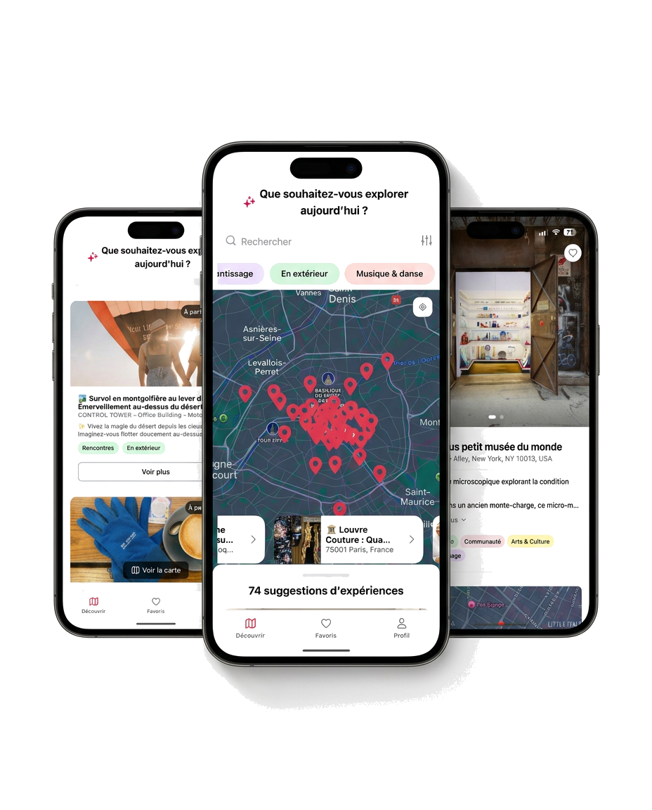 Application de planification d'activités avec une carte de Paris et des suggestions d'expériences, en France, affichée sur un smartphone.