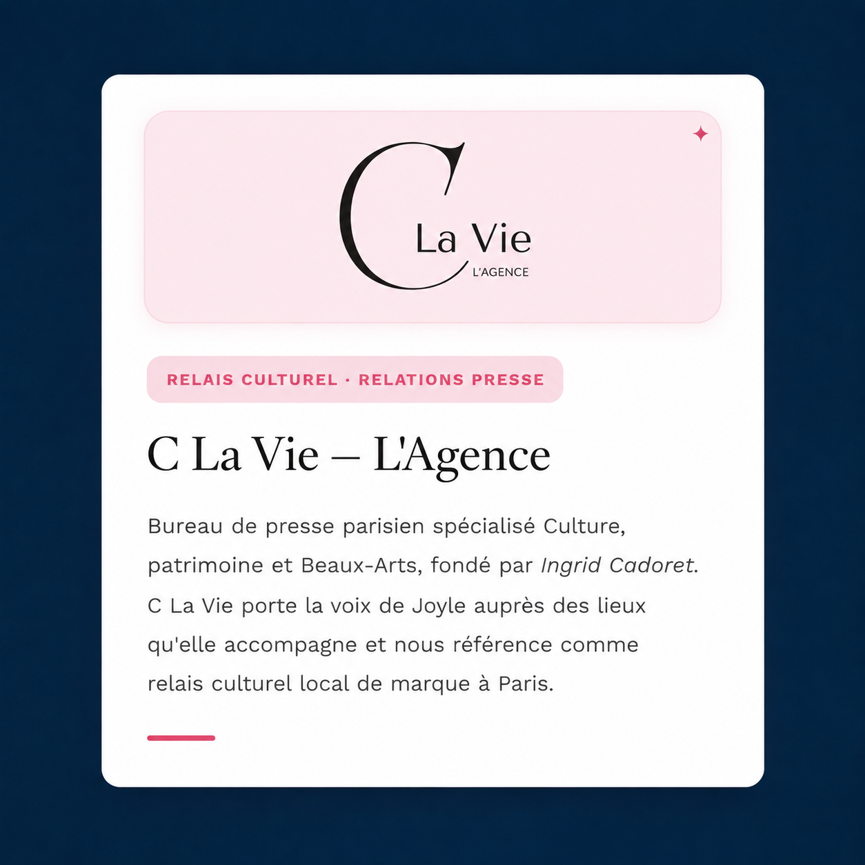 Affiche de la société La Vie L'Agence, spécialisée dans la culture, la patrimoine et les beaux-arts, fondée par Ingrid Cadoret, basée à Paris.