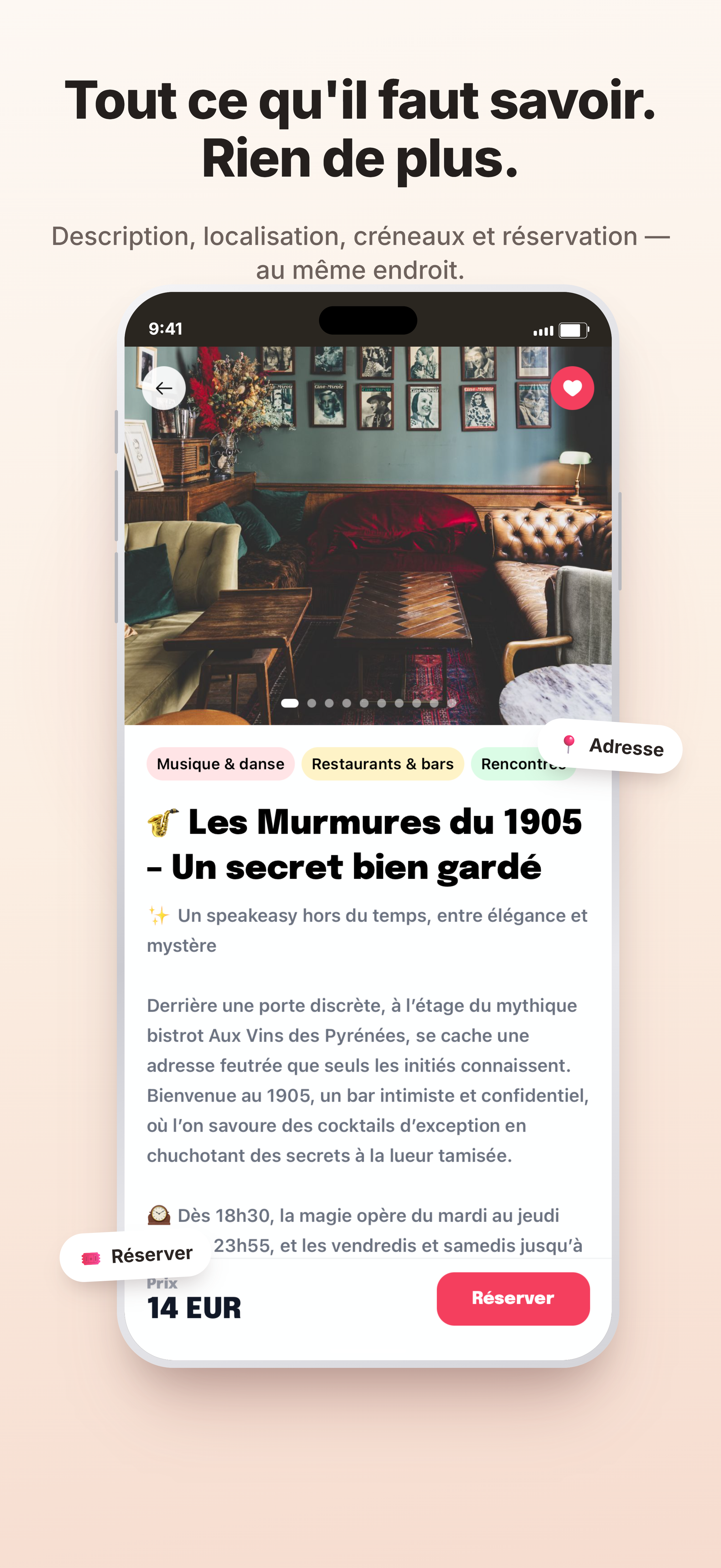 Une interface de réservation d'une application présentant un article sur le bar Les Murmures du 1905, avec une photo d'un salon vintage, et des catégories comme Musique & danse, Restaurants & bars, Rencontres.