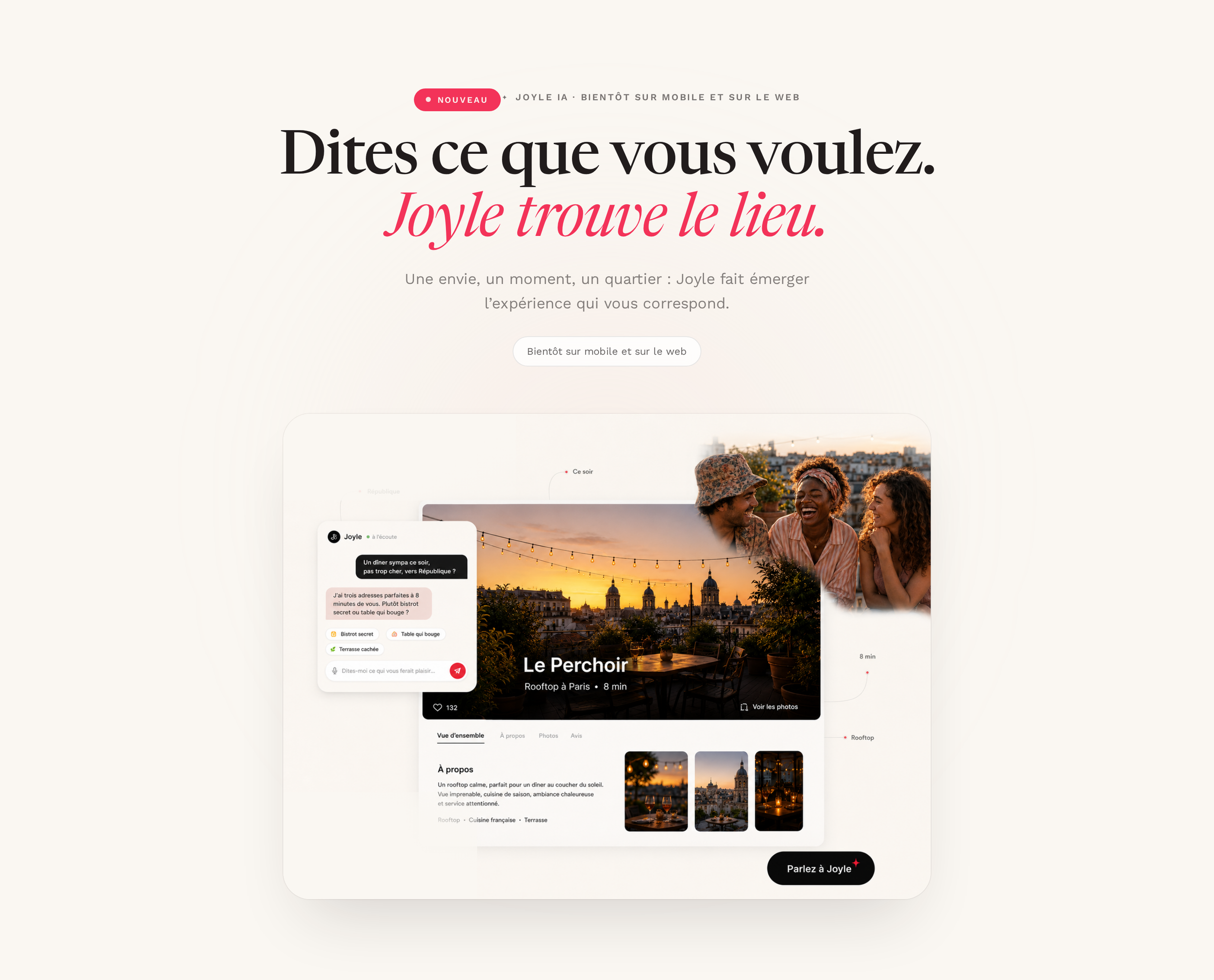 Page web présentant une réservation pour un rooftop à Paris, nommé "Le Perchoir" avec une photo de coucher de soleil sur la ville, proposant une ambiance chaleureuse et conviviale.