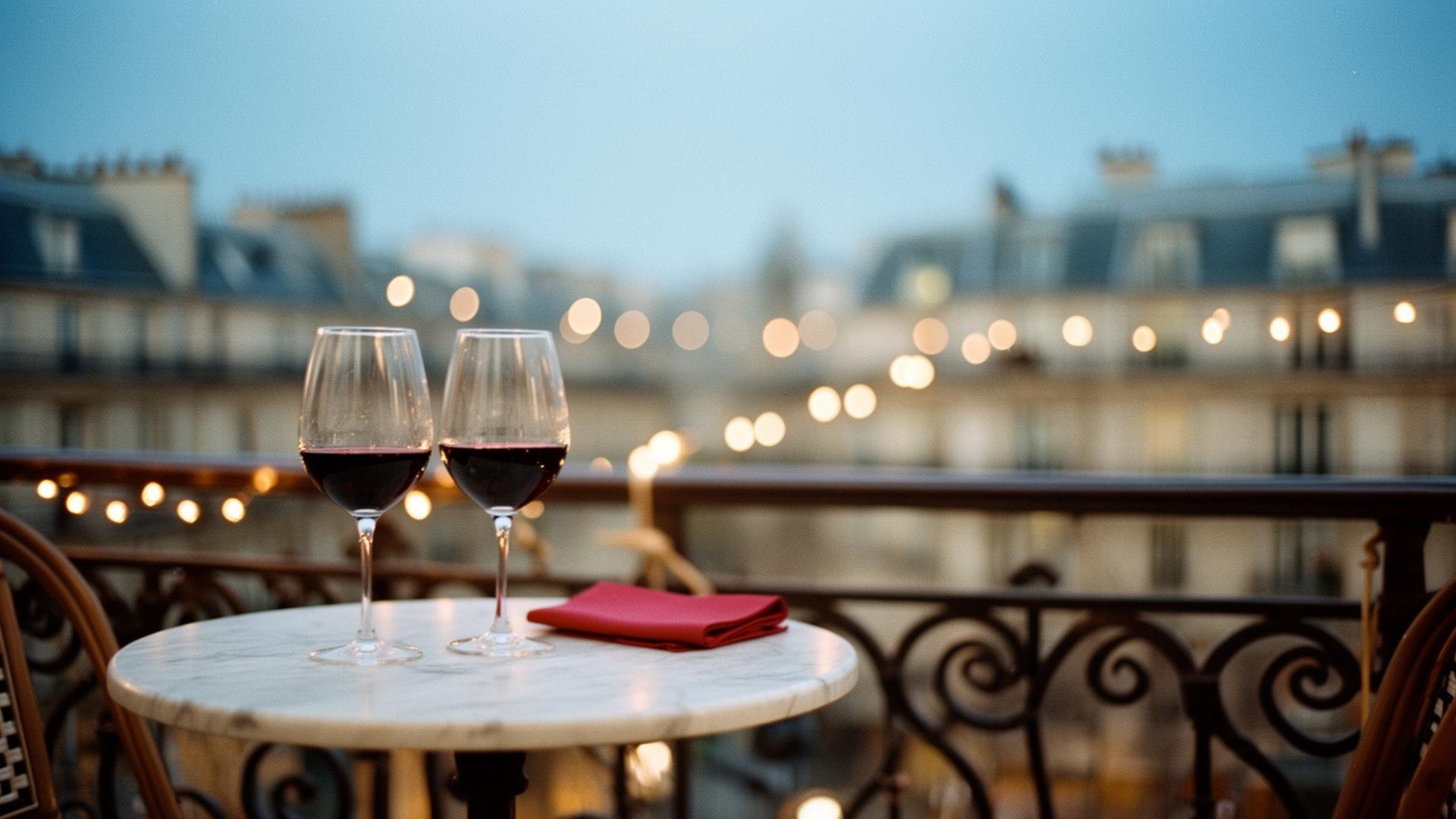Verre de vin rouge sur une table de balcon avec ville en arrière-plan, éclairages nocturnes