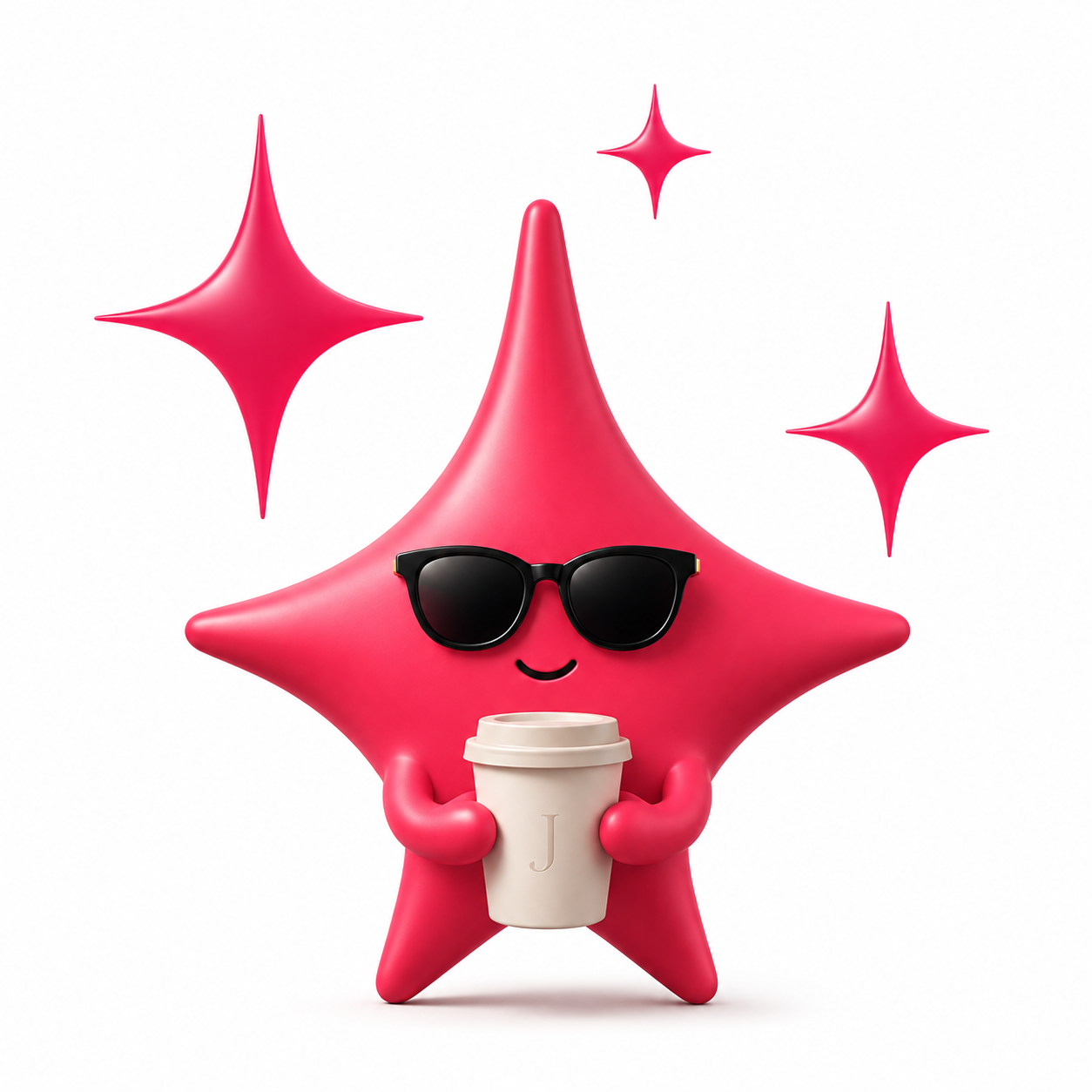 Une figure rouge en forme d'étoile avec des bras et des jambes, portant des lunettes de soleil noires et tenant une tasse de café blanche, avec un sourire dessinée sur son visage. Il y a des étoiles brillantes roses en arrière-plan.