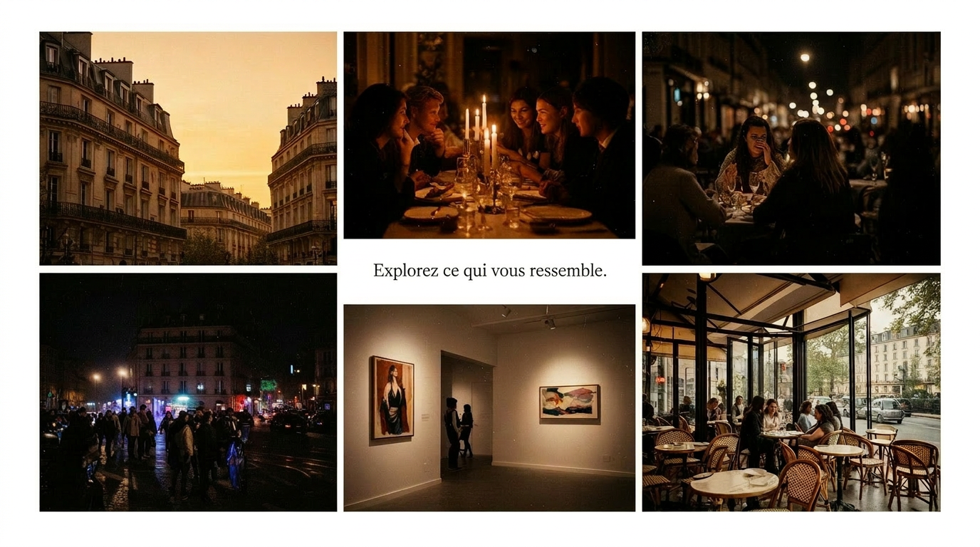 Collage de six photos illustrant différents environnements urbains et sociaux en soirée ou la nuit, y compris une rue parisienne, un dîner entre amis à la lumière de bougies, un groupe de femmes à une table en terrasse, une rue animée la nuit, une galerie d'art avec deux personnes regardant des œuvres, et une terrasse de café avec des clients au petit matin.